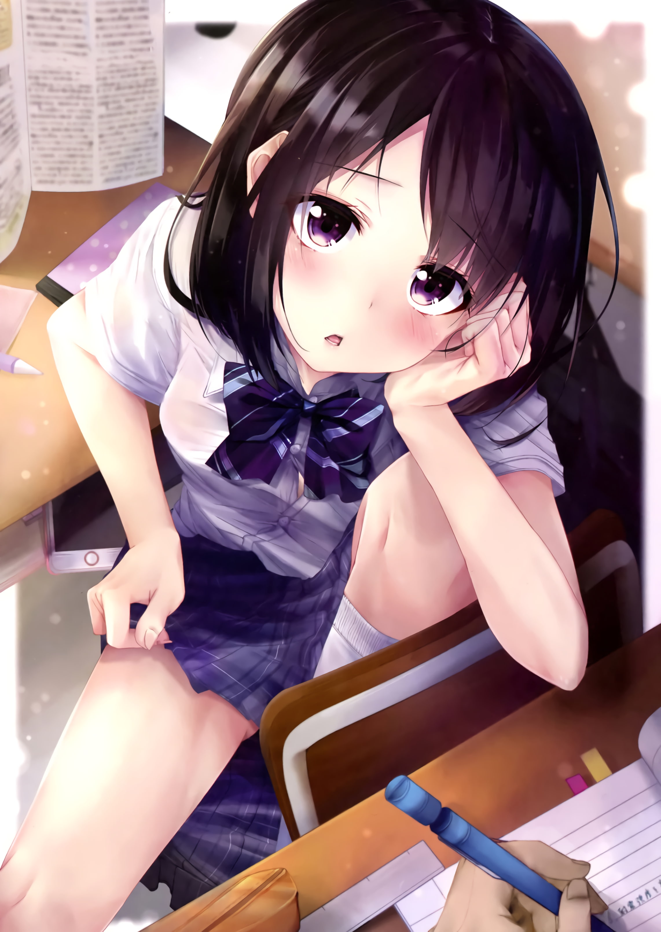 looking at camera, school uniform, women, furniture, females, Otona no Moeoh, beauty, beautiful woman, young women, 2K, lifestyles, three quarter length, Phone HD Wallpaper