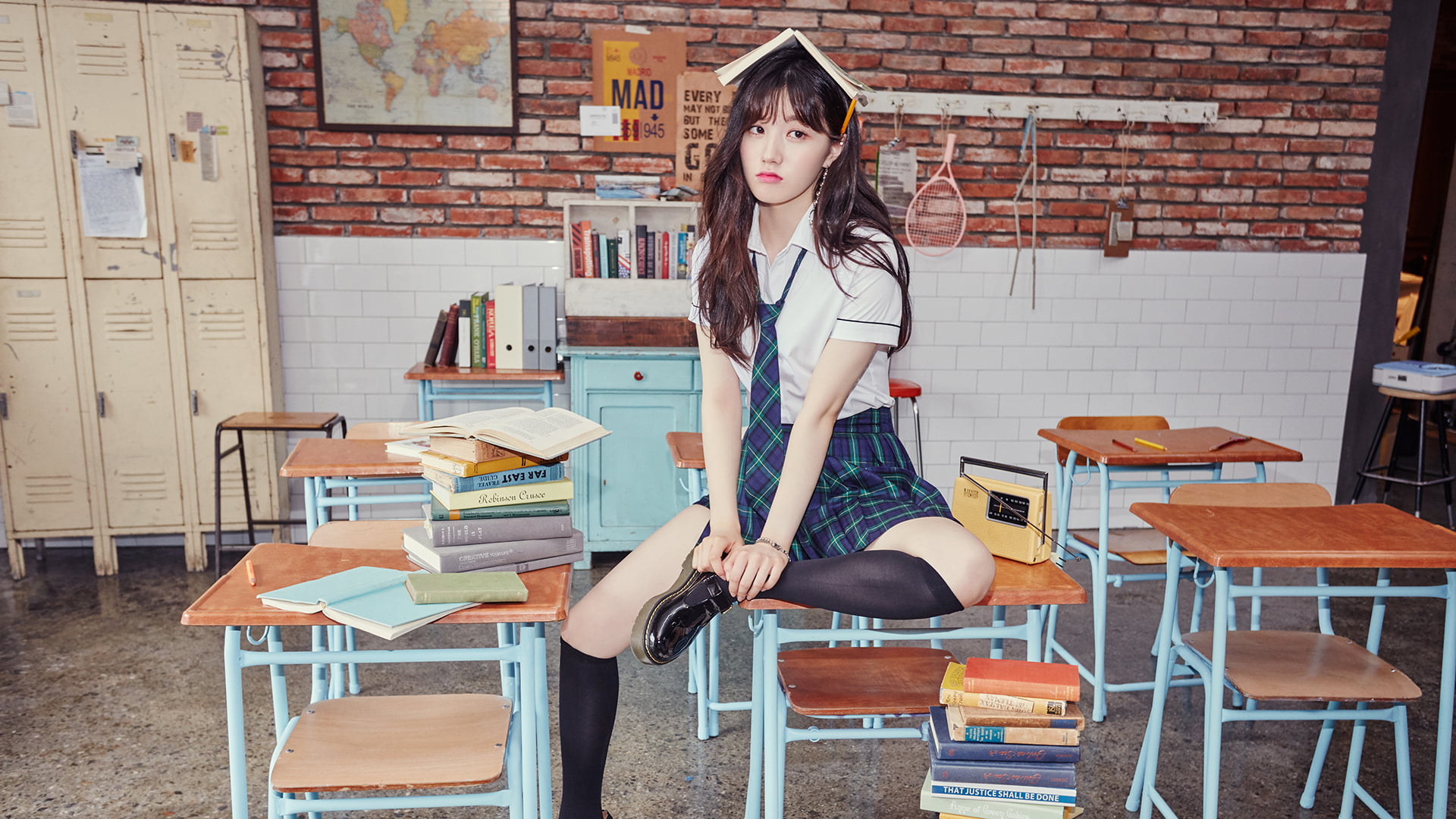 wall, sitting, women, seat, indoors, lifestyles, hair, publication, young women, real people, Doc Martens, front view, hairstyle, 1080P, schoolgirl, Xiyeon (Pristin), HD Wallpaper