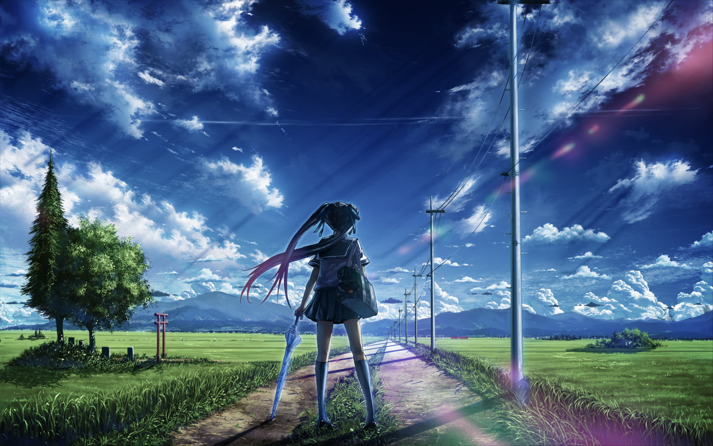 rear view, sword, anime, standing, leisure activity, clouds, 720P, student, women, nature, anime girls, cloud - sky, one person, scenics - nature, beauty in nature, HD Wallpaper