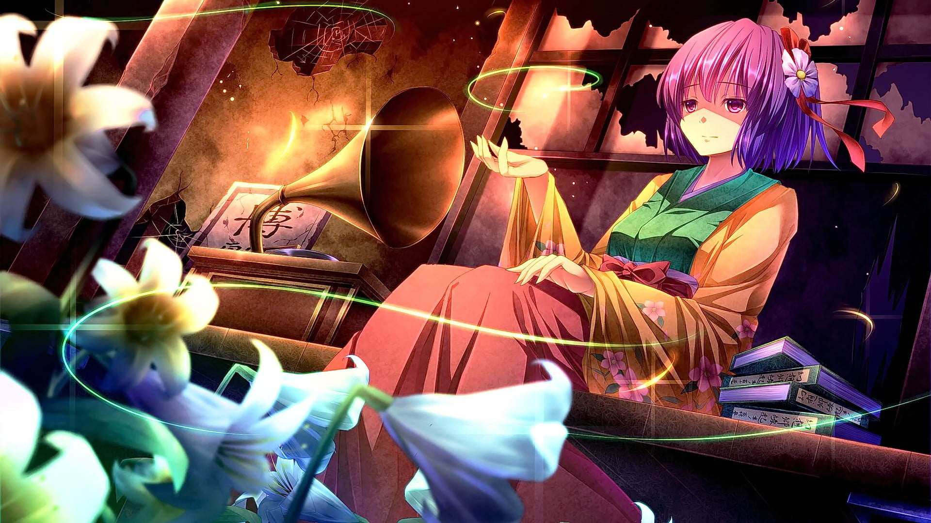 1080P, anime, short hair, Touhou, Hieda no Akyuu, flowers, anime girls, Japanese clothes, looking at viewer, smiling, HD Wallpaper