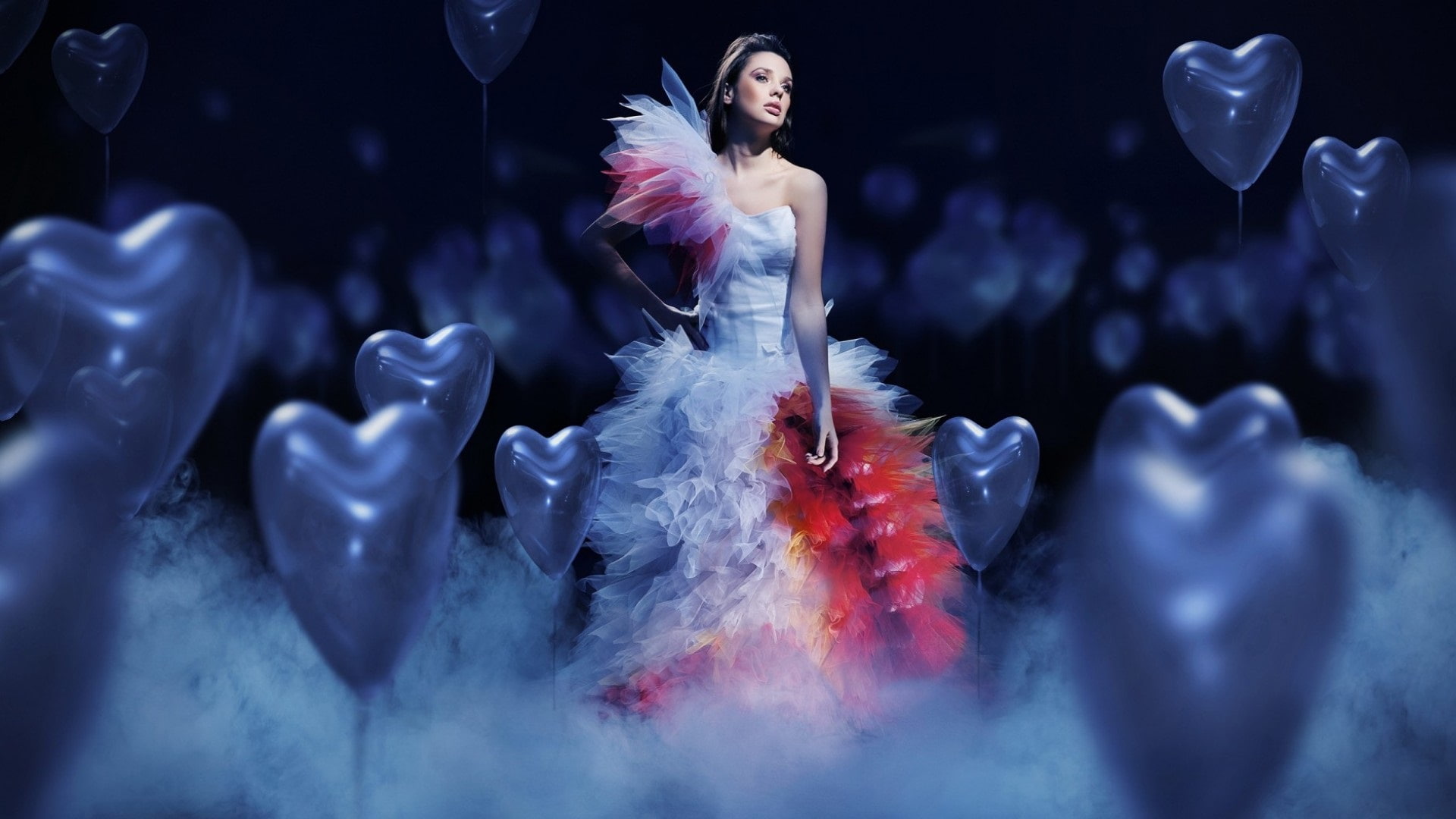 Girl, Balloons, Hearts, 1080P, Dress, Beautiful, White, Love, HD Wallpaper