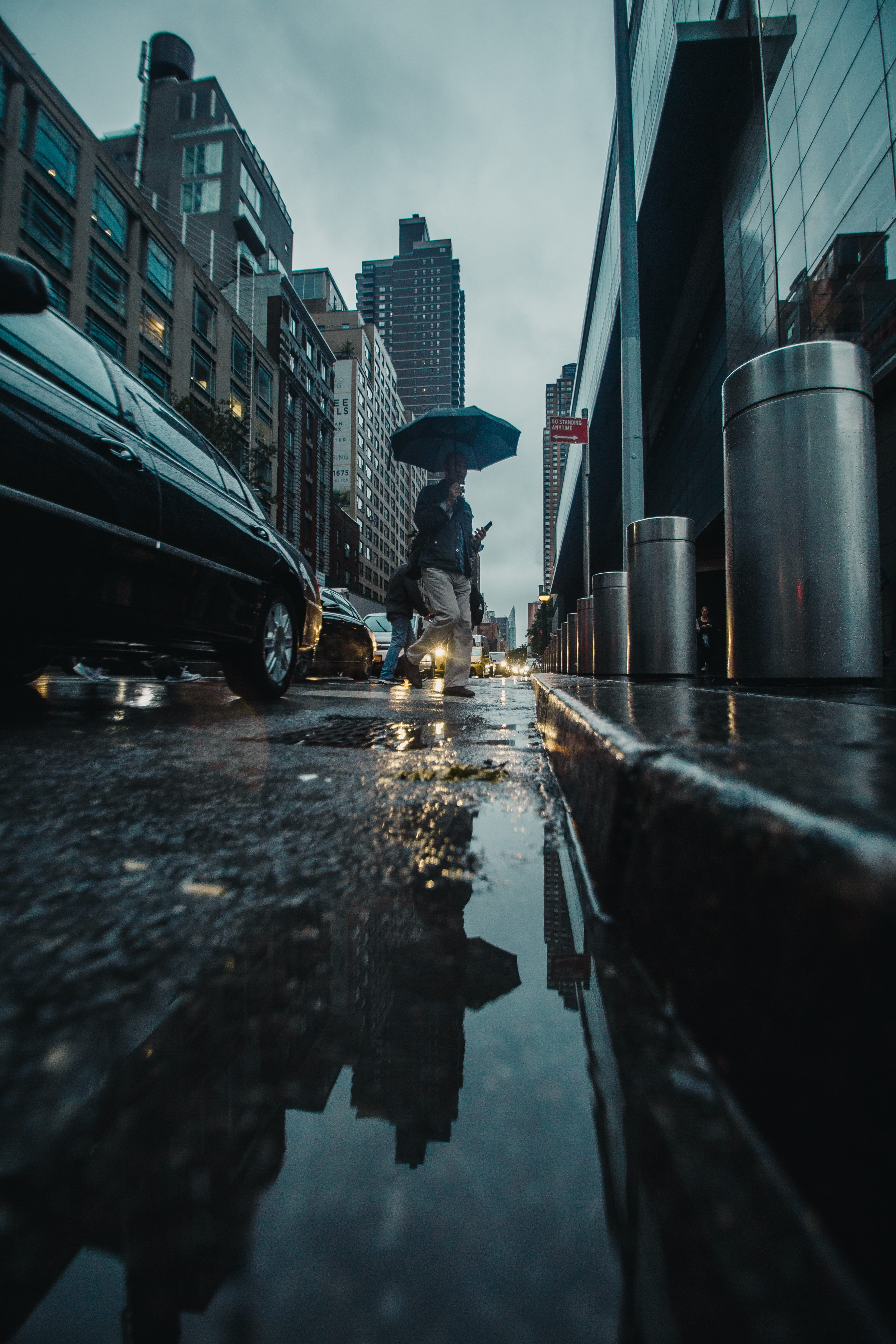 rainy season, wet, cars, land vehicle, low angle shot, umbrella, holding, transportation system, canal, road, pavement, low, lights, building, no people, Phone HD Wallpaper
