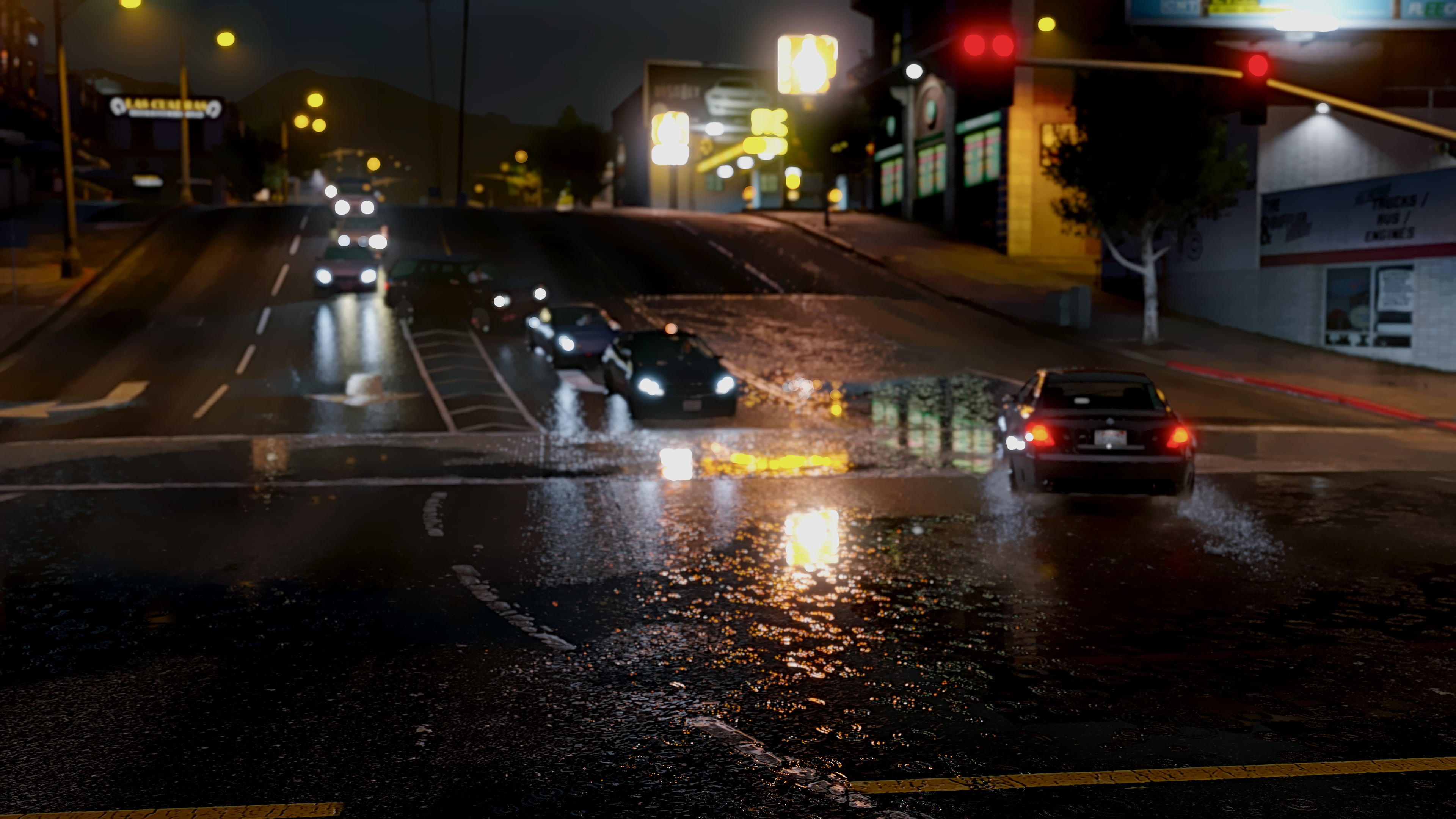 architecture, rainy season, black, 4K, sign, mode of transportation, Grand Theft Auto V, land vehicle, video games, no people, motor vehicle, transportation, HD Wallpaper