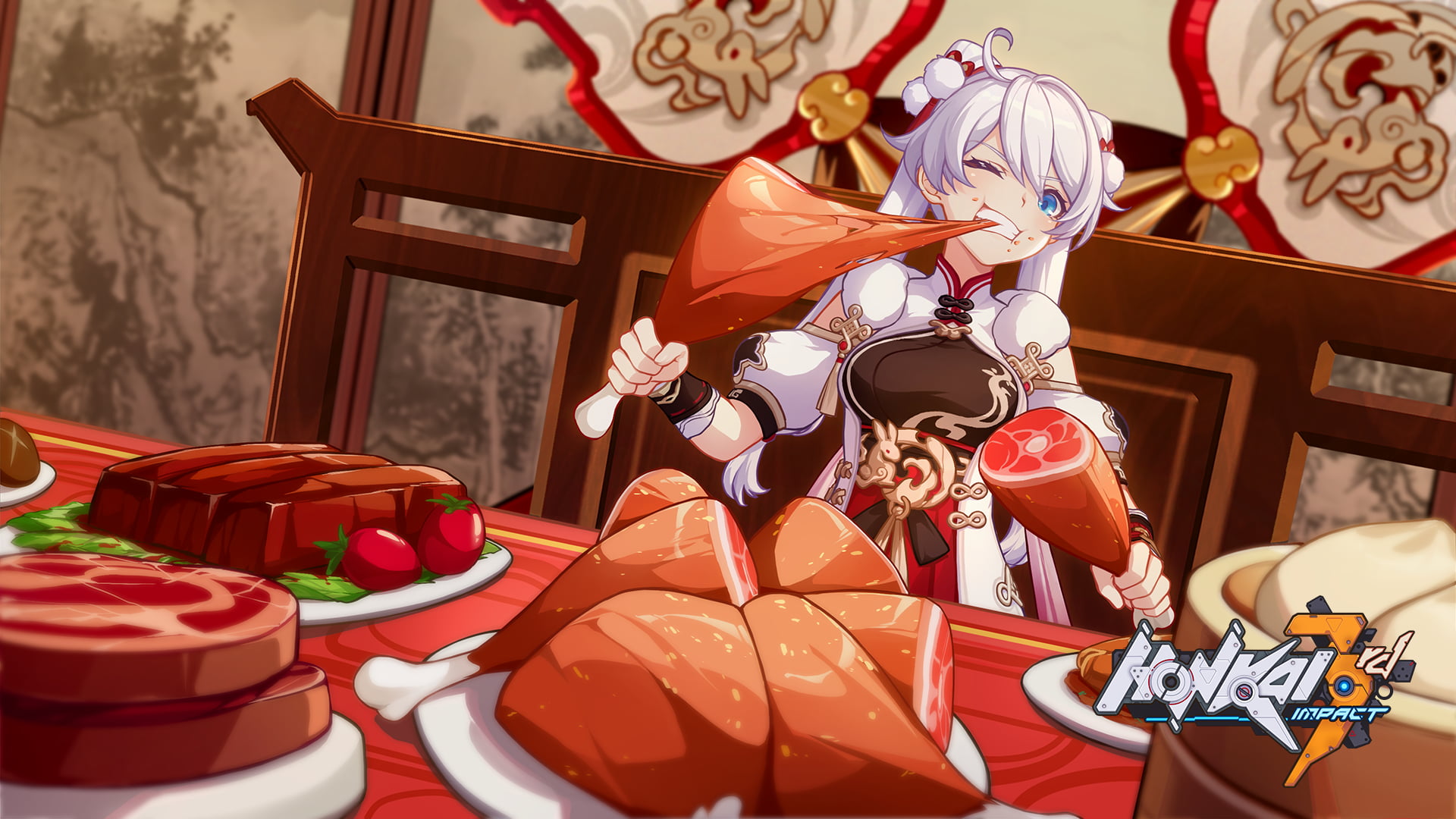 Honkai Impact, artwork, long hair, Chinese clothing, anime girls eating, 1080P, blue eyes, digital art, Honkai Impact 3rd, anime girls, white hair, video, HD Wallpaper