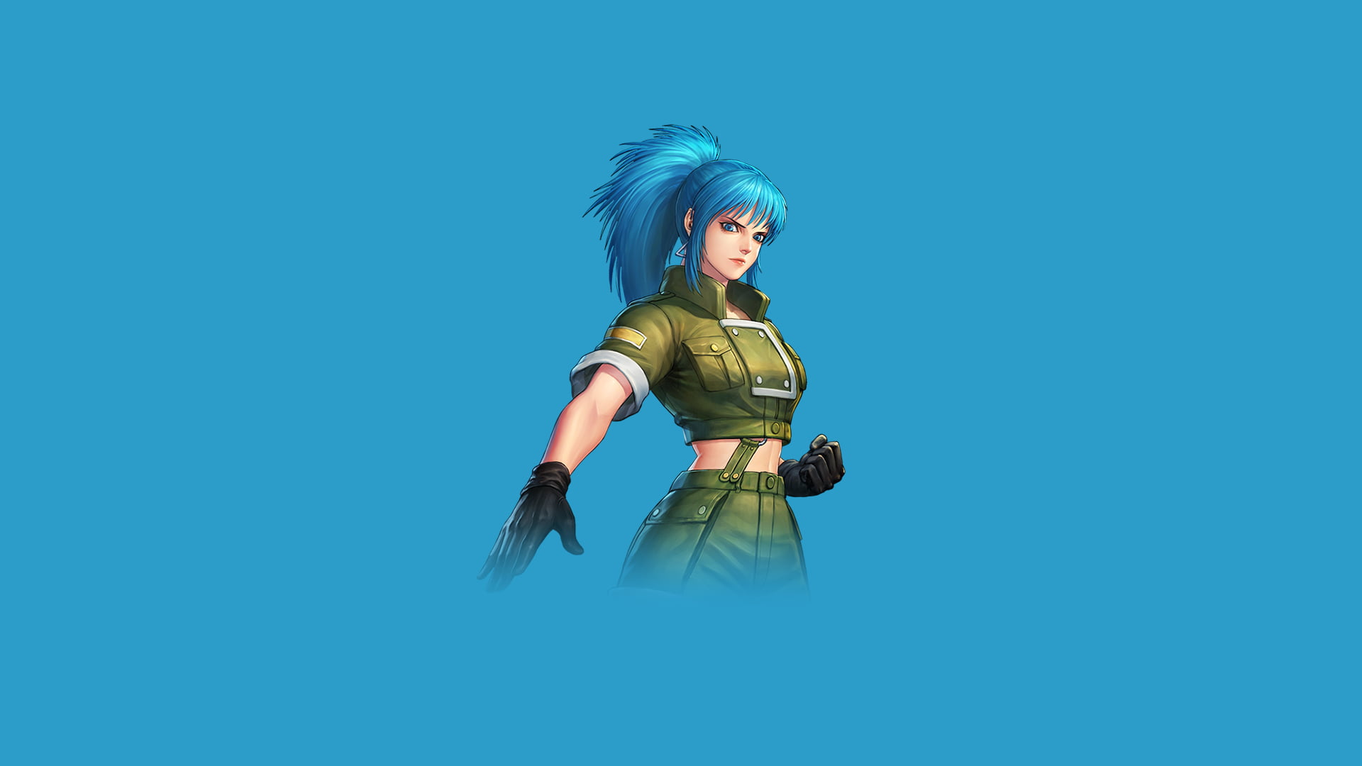 anime girls, 1080P, video games, King of Fighters, artwork, Leona Heidern, ponytail, anime, Leona, video game characters, gloves, blue background, blue hair, HD Wallpaper