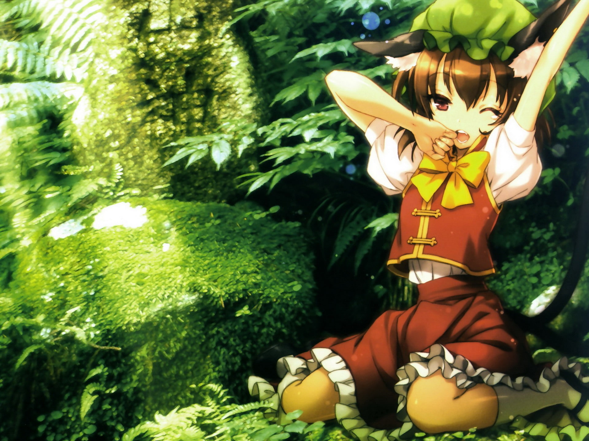 Touhou, video games, skirt, creativity, Chinese clothing, anime girls, knee-highs, yawning, tail, celebration, art and craft, animal ears, human representation, HD Wallpaper