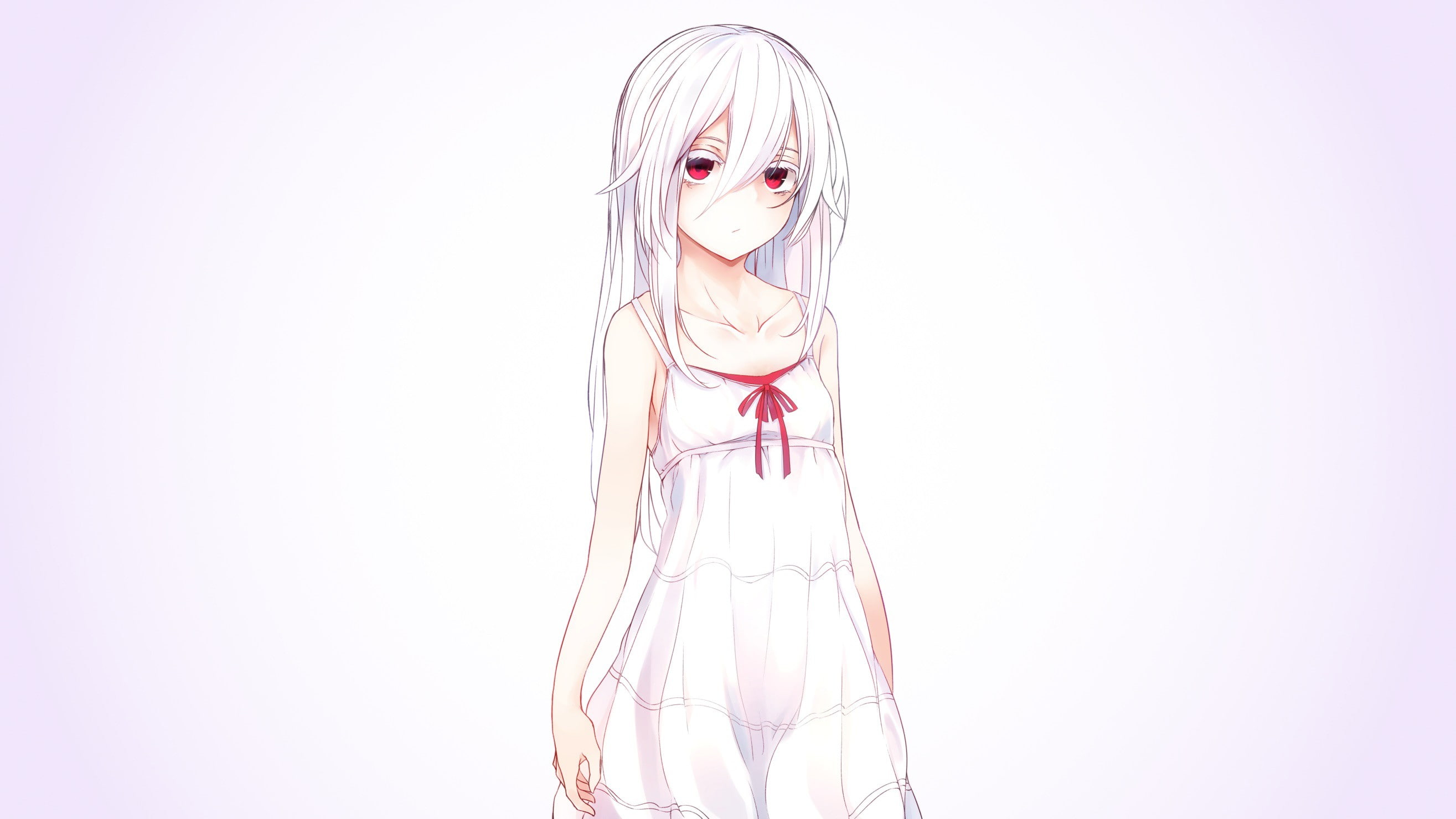 white hair, ribbon, red eyes, simple background, 2K, original characters, dress, HD Wallpaper