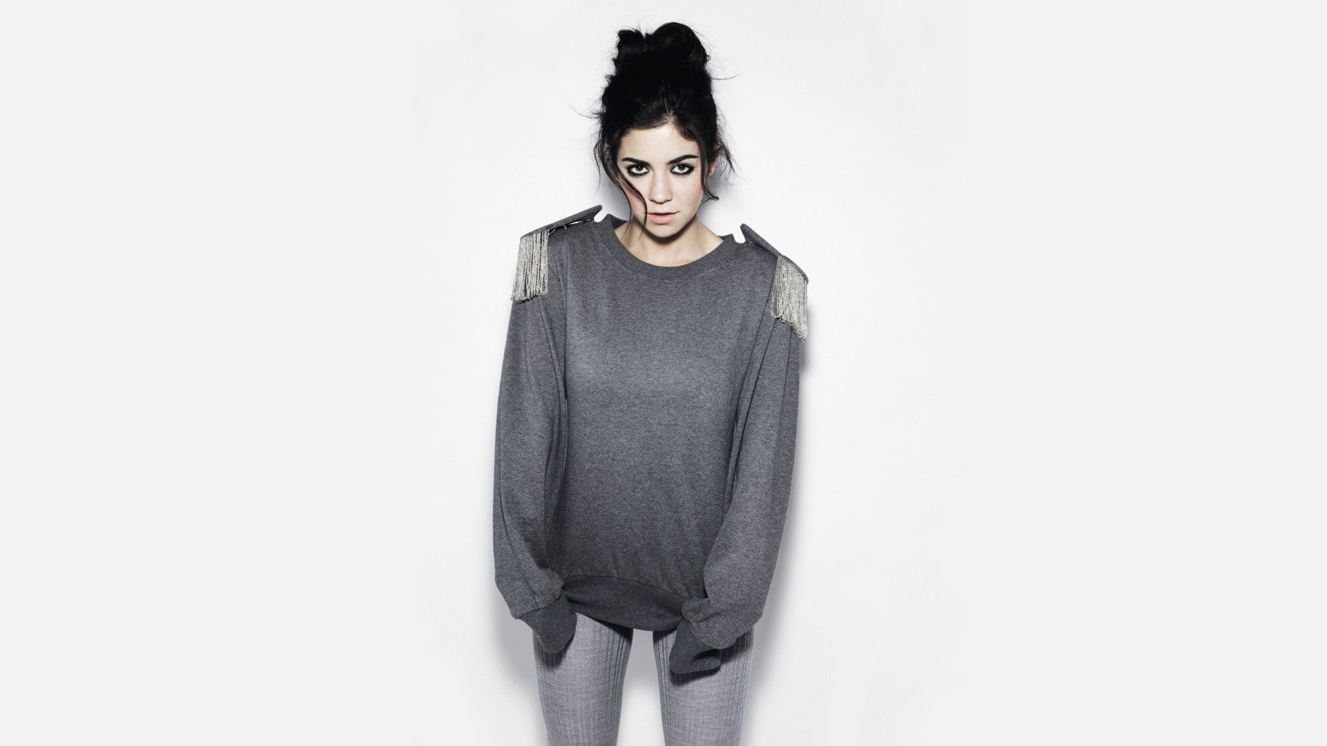 simple background, one person, open mouth, copy space, sweater, young women, young adult, studio shot, women, casual clothing, hair in face, singer, looking at camera, HD Wallpaper