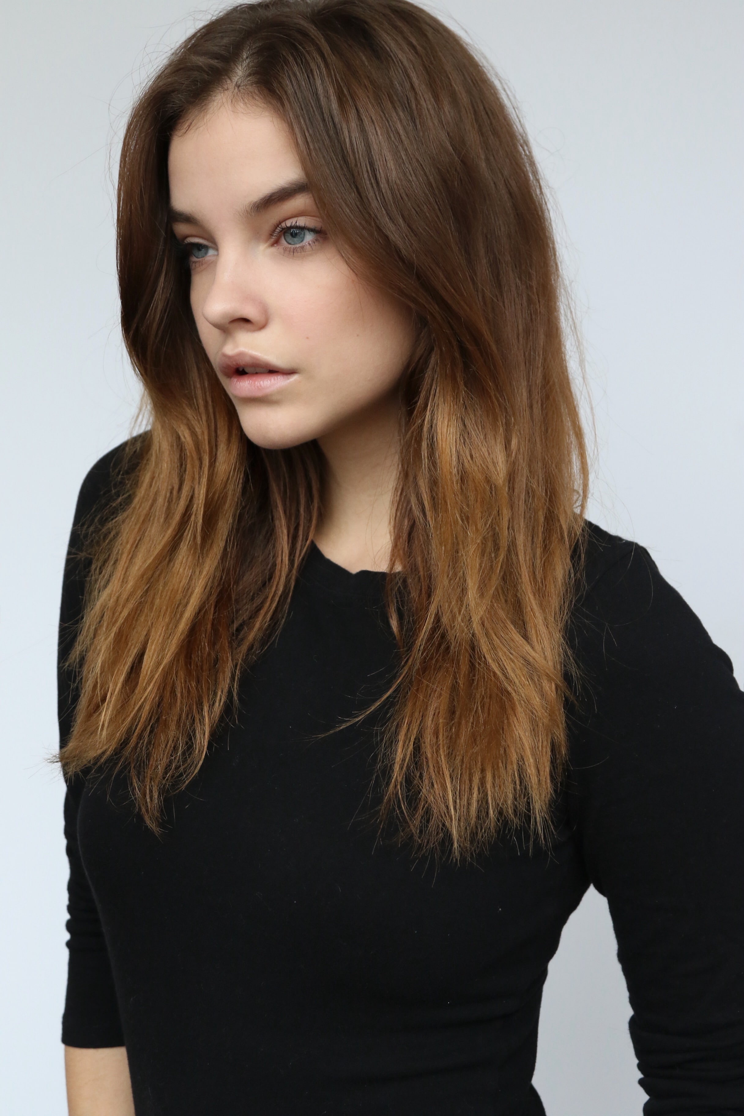 open mouth, brunette, black clothing, model, Barbara Palvin, simple background, blue eyes, white  background, 2K, long hair, Phone HD Wallpaper