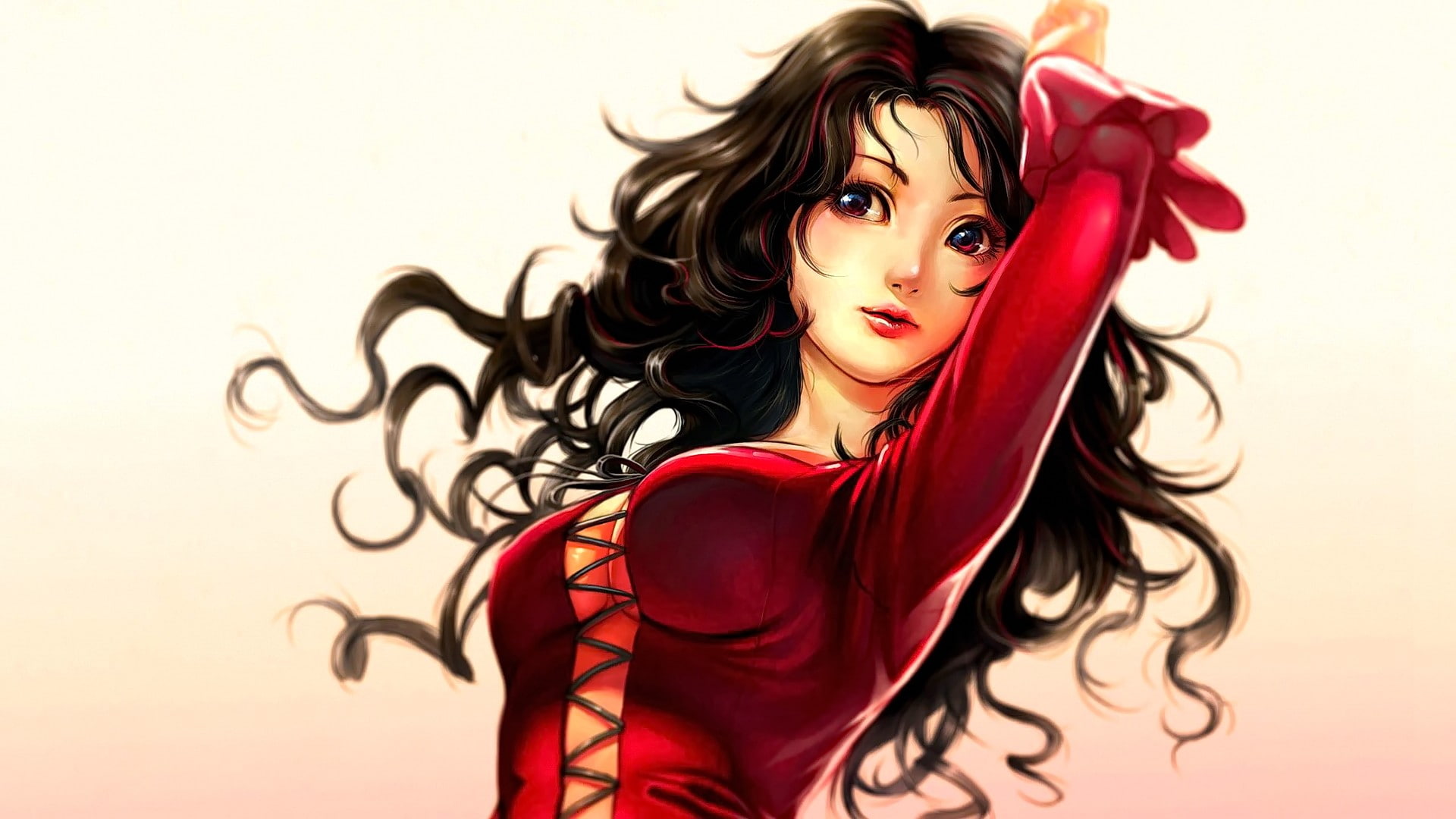 looking at viewer, brunette, original characters, realistic, white background, 1080P, anime girls, anime, long hair, HD Wallpaper