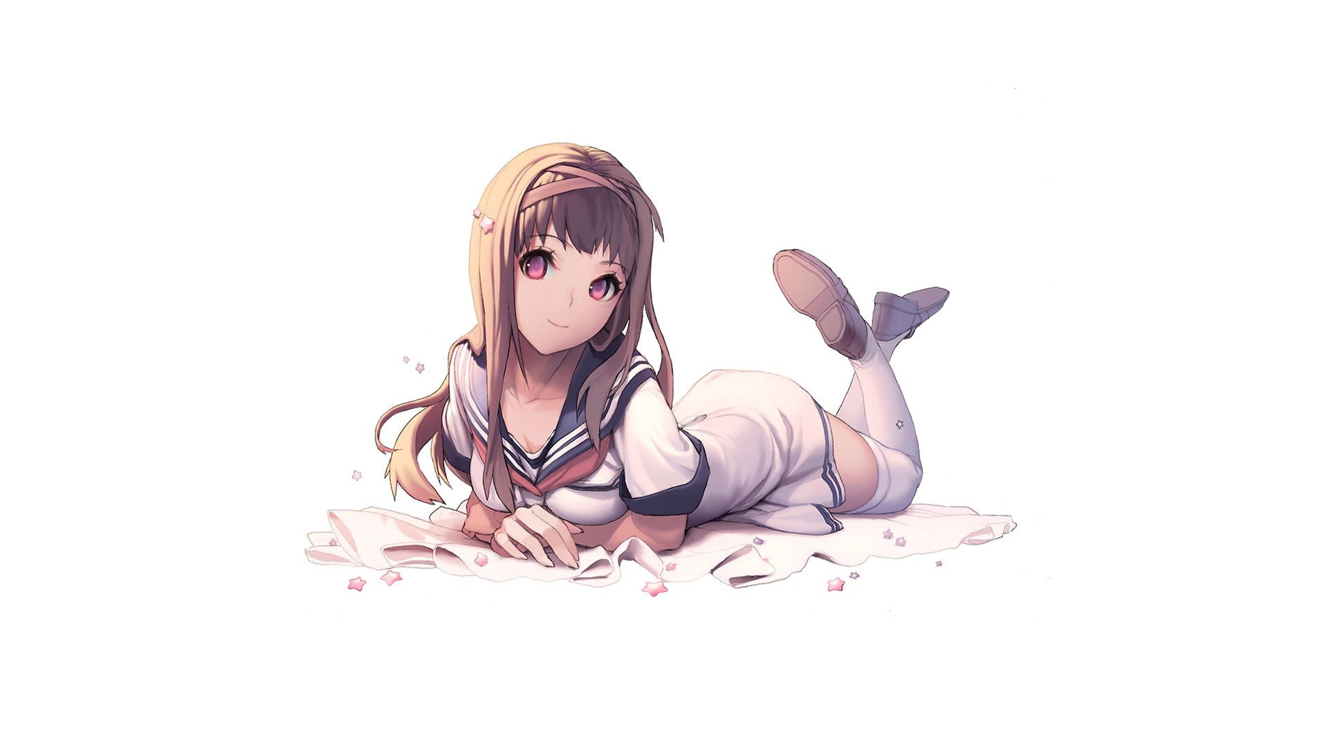 skirts, anime, 1080P, brunettes, simple, highs, uniforms, school, background, characters, long, hair, thigh, original, girls, white, HD Wallpaper