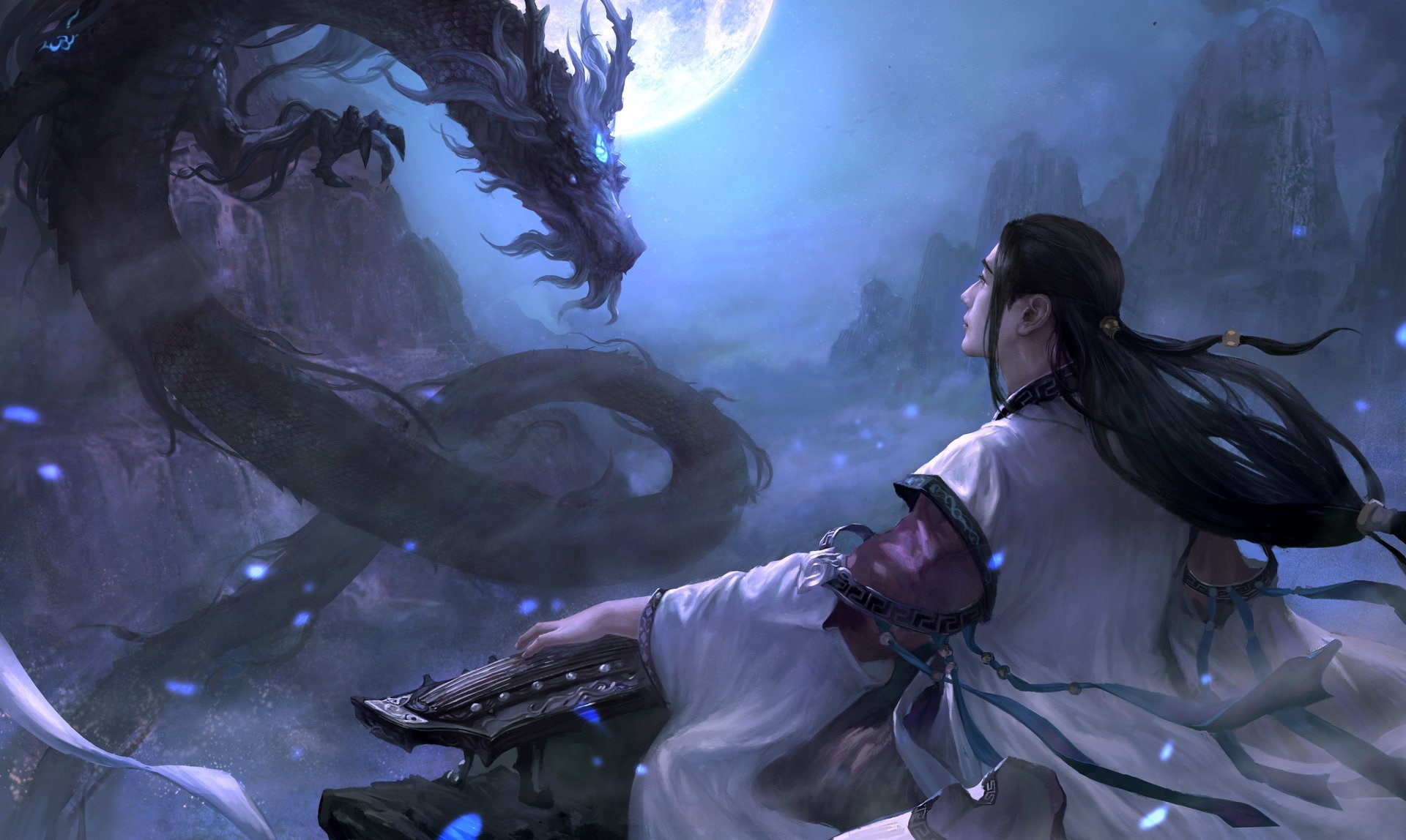 Fantasy, women, animals in captivity, indoors, tank, sea, water, two people, asian man, marine, underwater, instrument, young adult, blue, oriental, dragon, HD Wallpaper