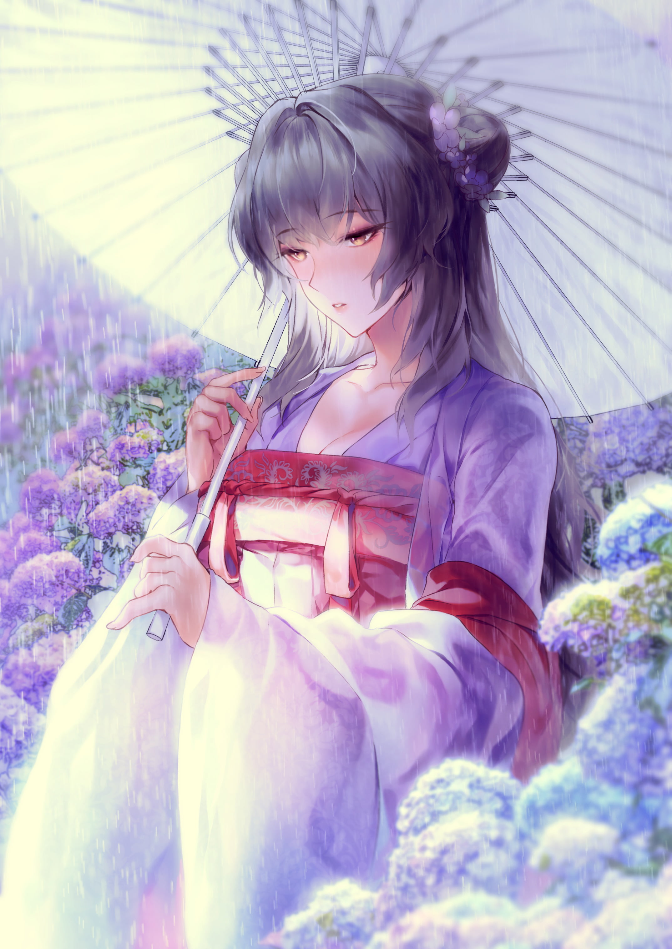 dark hair, laejjo, 2K, Chinese dress, illustration, rain, anime girls, umbrella, drawing, 2D, flowers, cleavage, original characters, digital art, artwork, Phone HD Wallpaper
