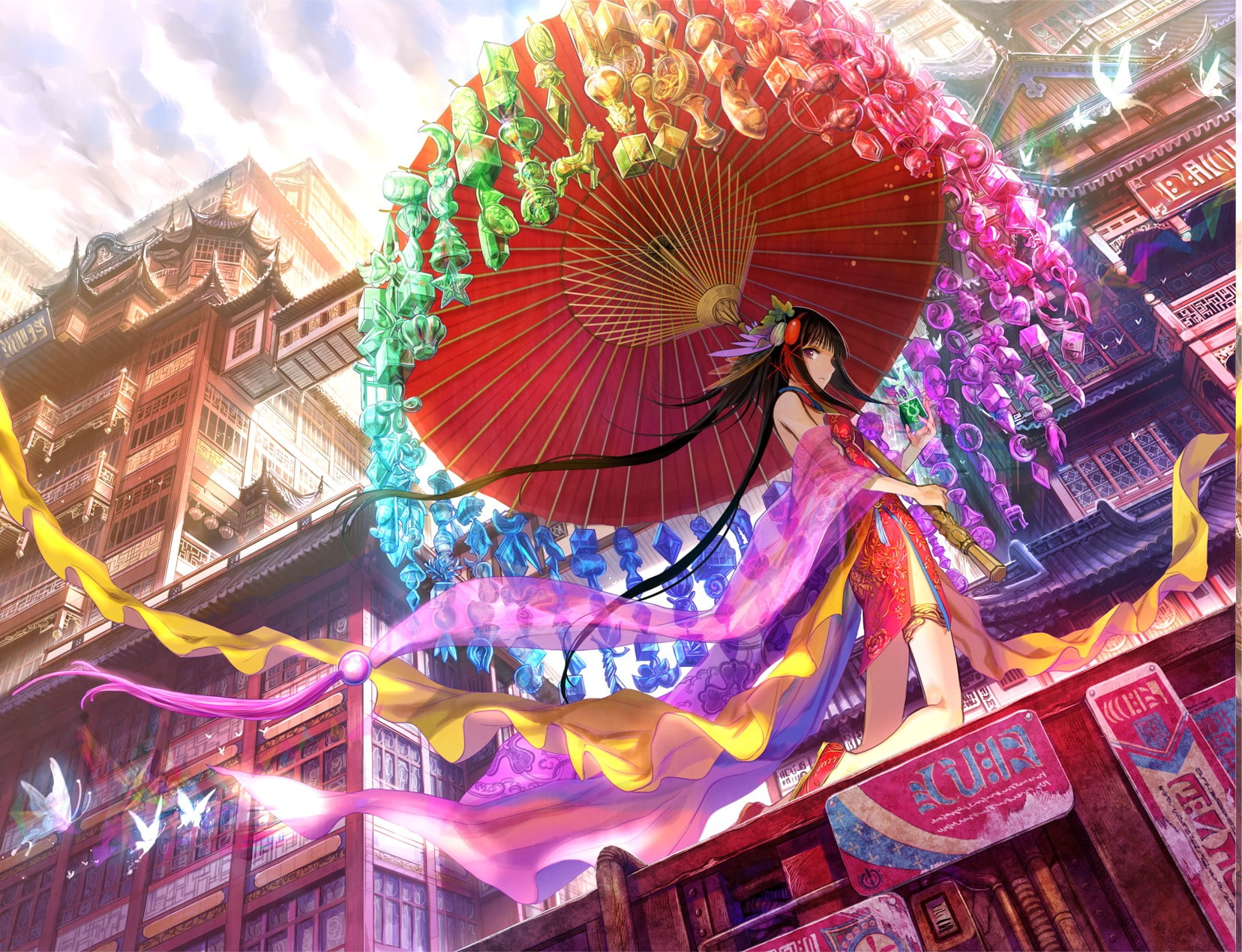 anime, decoration, butterfly, no people, building, nature, built structure, Chinese Dress, China, Fuji Choko, Anime Girls, Japanese Umbrella, art and craft, HD Wallpaper