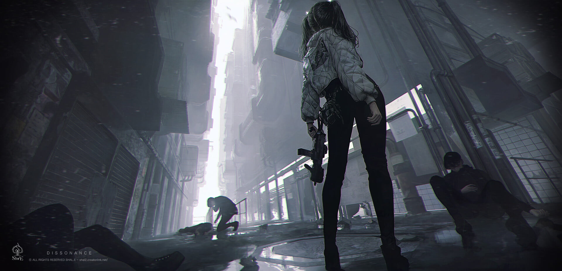 pigtails, women, weapon, low-angle, Shal. E, 1080P, drawing, alleyway, jacket, submachine gun, HD Wallpaper