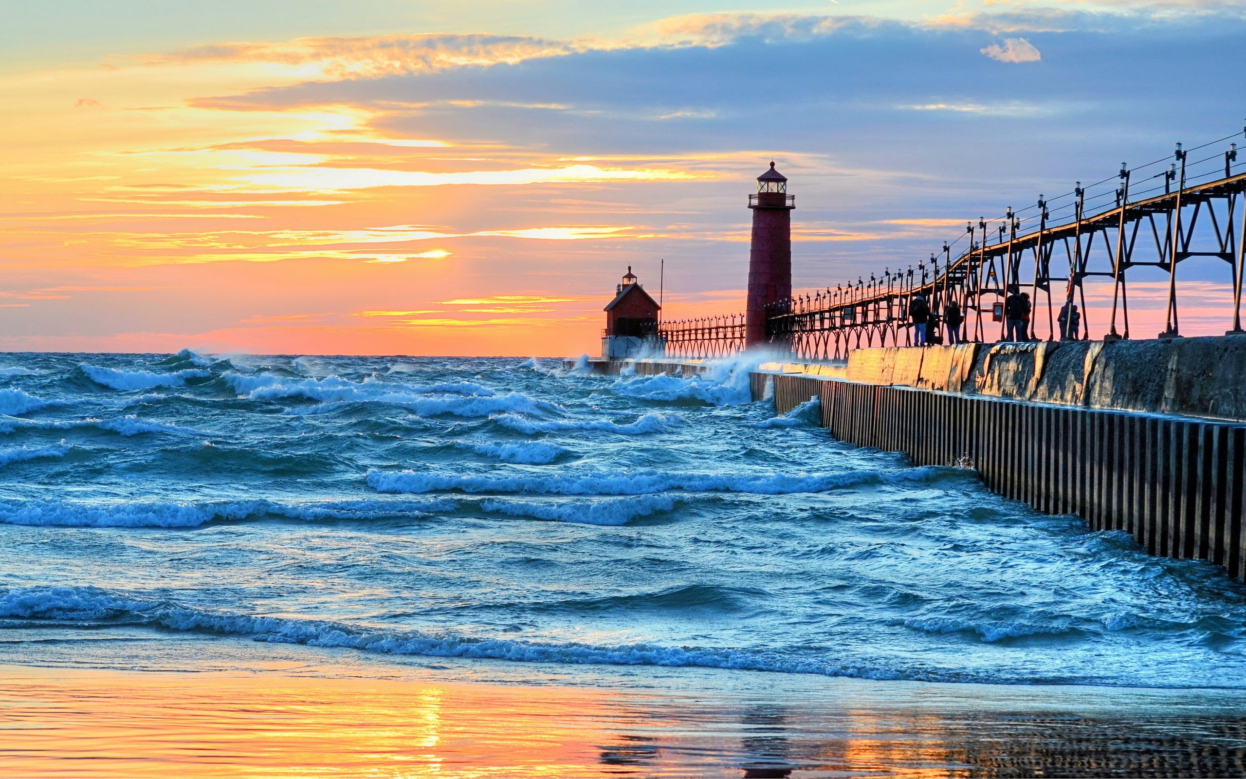 sea, nature, pier, sunset, lighthouse, waves, 2K, HD Wallpaper