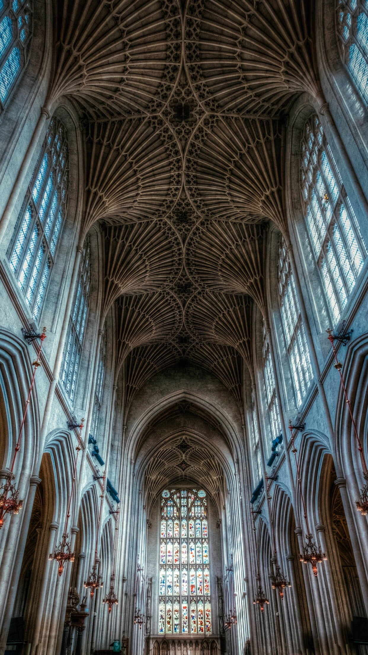 gothic style, window, religion, ceiling, glass, built structure, architecture and art, no people, 1080P, stained glass, indoors, arch, architecture, belief, Phone HD Wallpaper