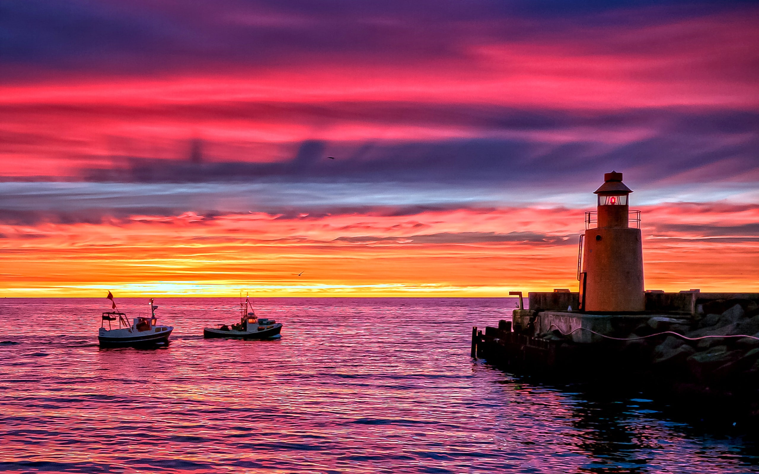 boat, lighthouse, sky, horizon, clouds, sea, 2K, HD Wallpaper
