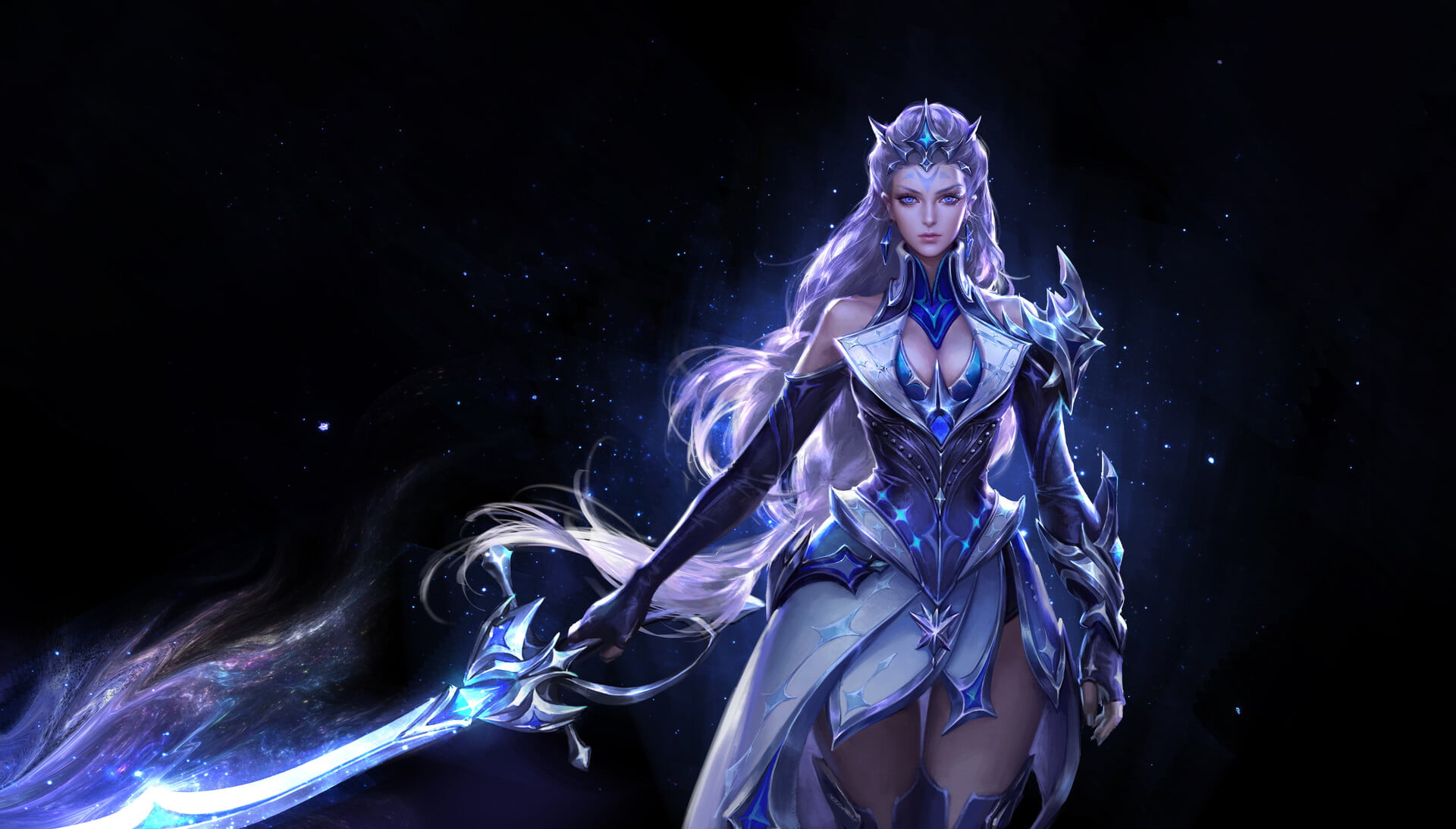 Purple Hair, Diadem, Women Warrior, 1080P, Fantasy, Woman Warrior, Sword, HD Wallpaper