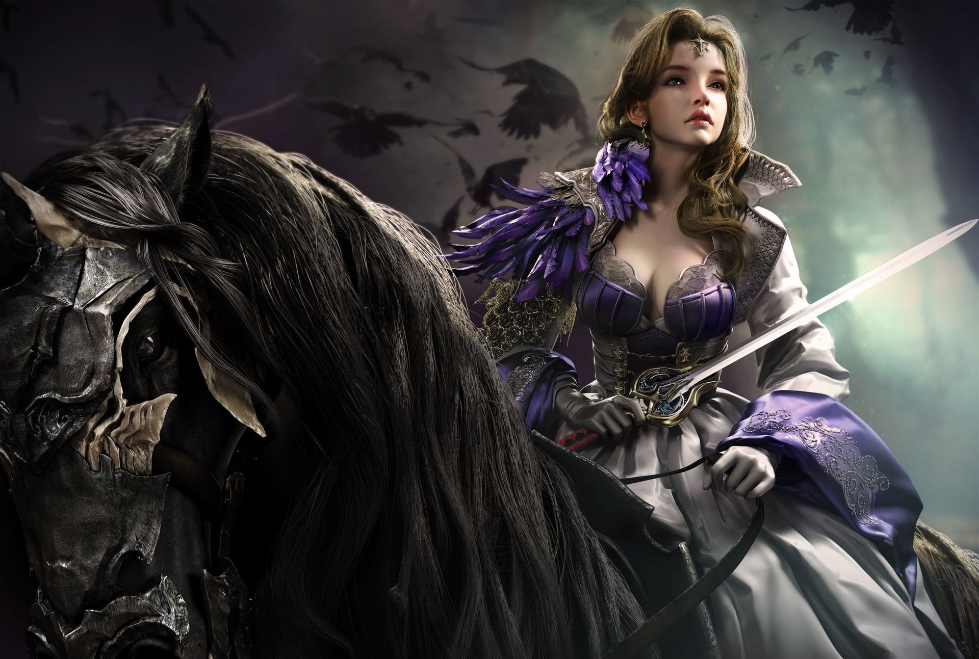 crows, fantasy art, dress, Princess, fantasy, cleavage, artwork, diadem, horse, weapon, digital art, sword, armor, 1080P, knight, fantasy girl, HD Wallpaper