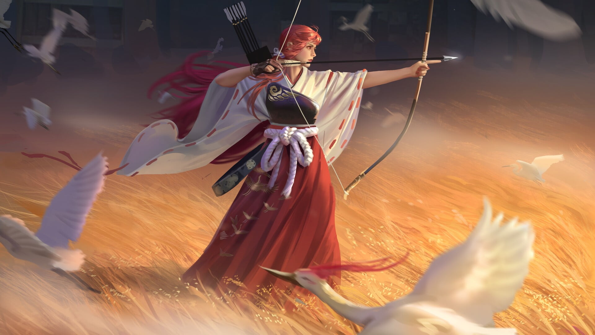 archer, birds, grain, bow, Japanese, archery, 1080P, HD Wallpaper