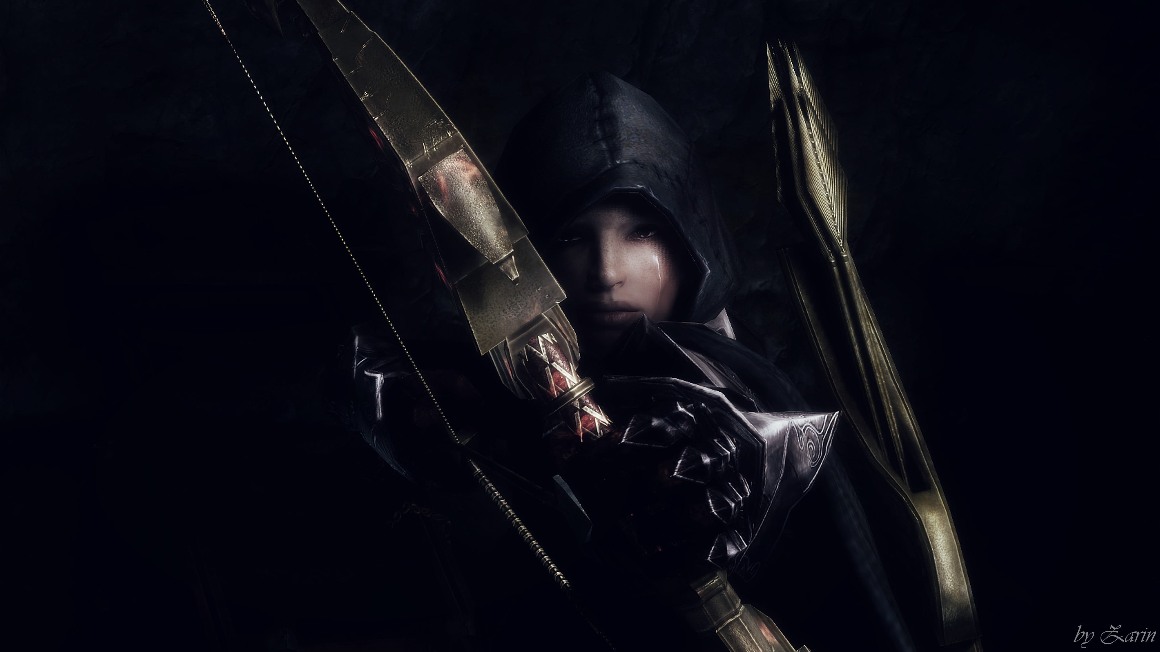 weapon, graphic, hood - clothing, fear, black color, dark, The Elder Scrolls V: Skyrim, portrait, black, warrior - person, looking at camera, sign, one person, HD Wallpaper
