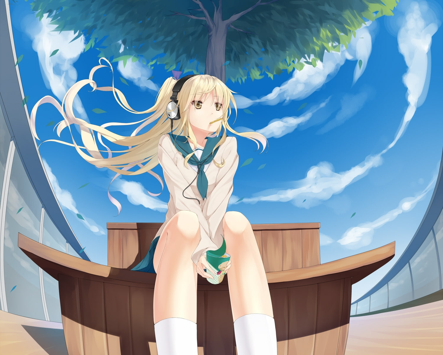nanjou, headphones, girl, 720P, hair, sky, blonde, cure, rena, seifuku, uttt, HD Wallpaper