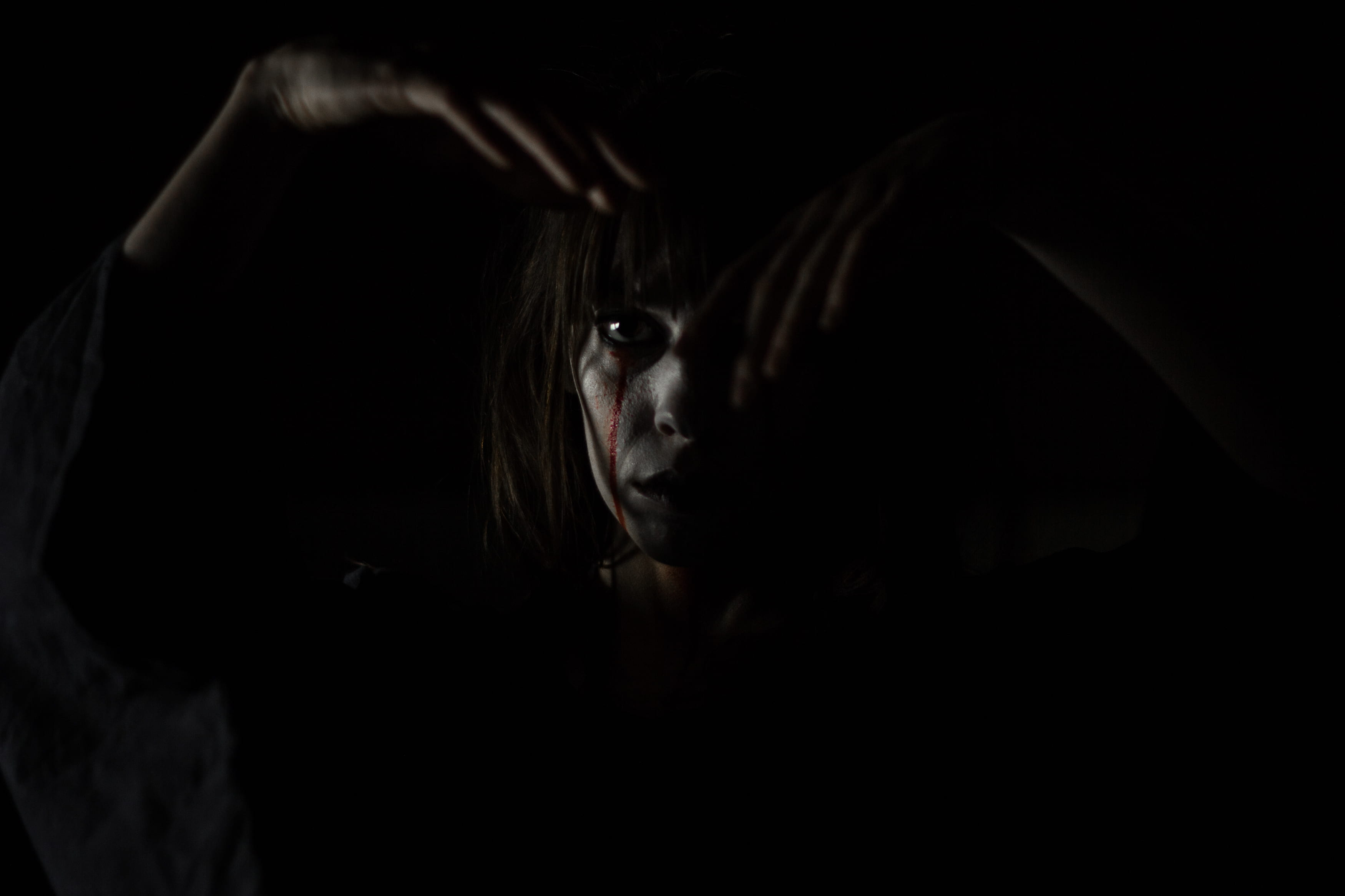 head, women, fear, eye, woman, one person, studio, dark, indoor, looking, darkness, hands, person, adult, looking at camera, hand, sadness, finger, headshot, HD Wallpaper