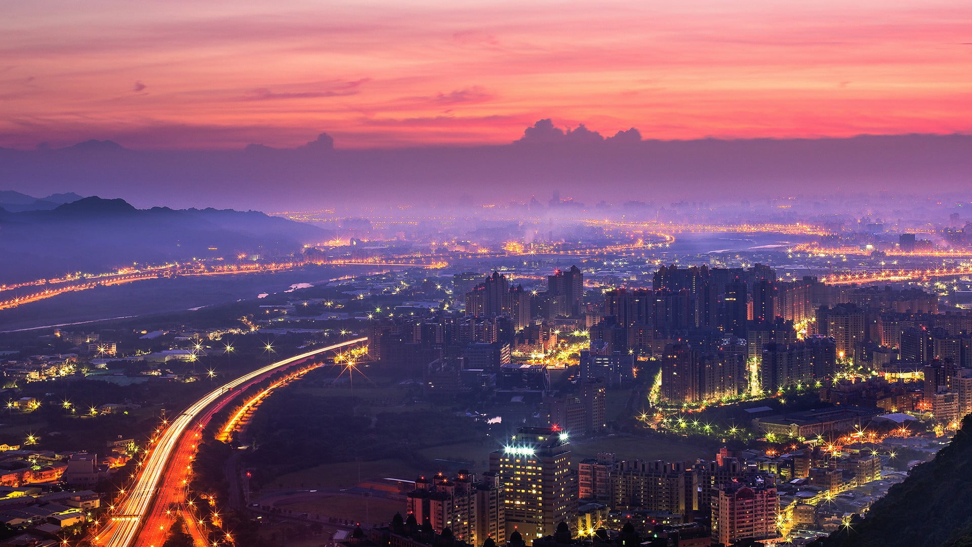 high angle view, office building exterior, city, aerial view, Taiwan, landscape, travel destinations, built structure, sky, Asia, lights, night, mountains, HD Wallpaper