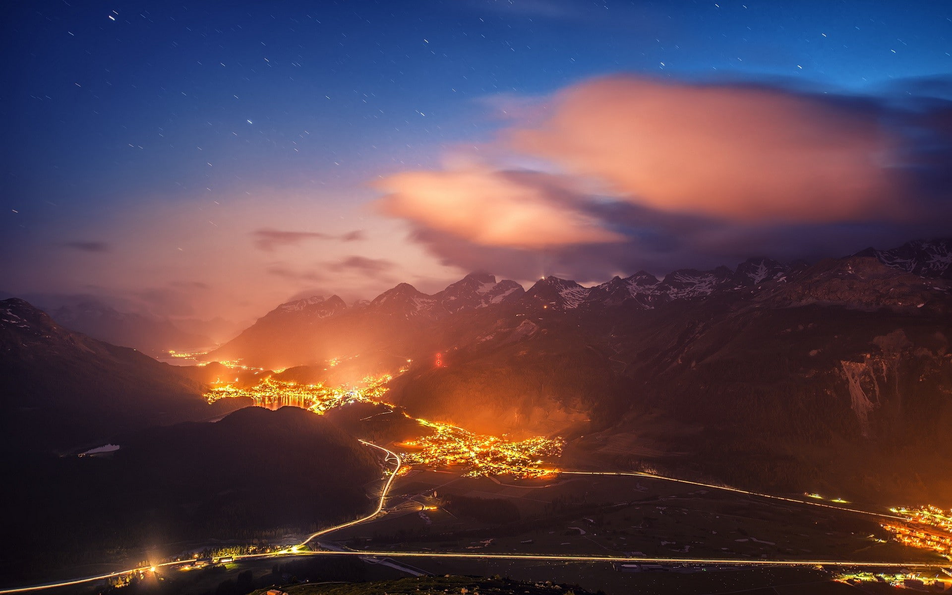 stars, landscape, night, switzerland, 1080P, mountain, road, city, cityscape, lights, HD Wallpaper
