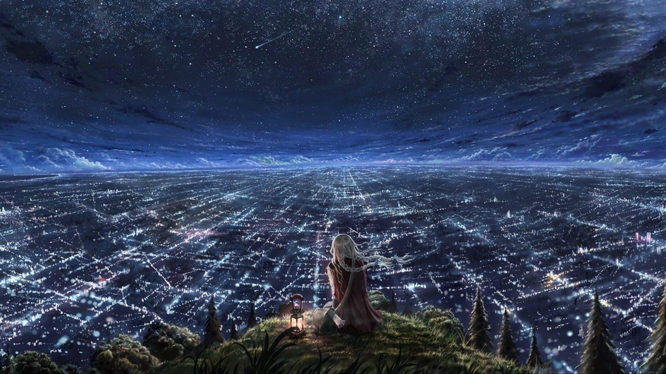 night, 720P, lights, artwork, cityscape, stars, lantern, HD Wallpaper
