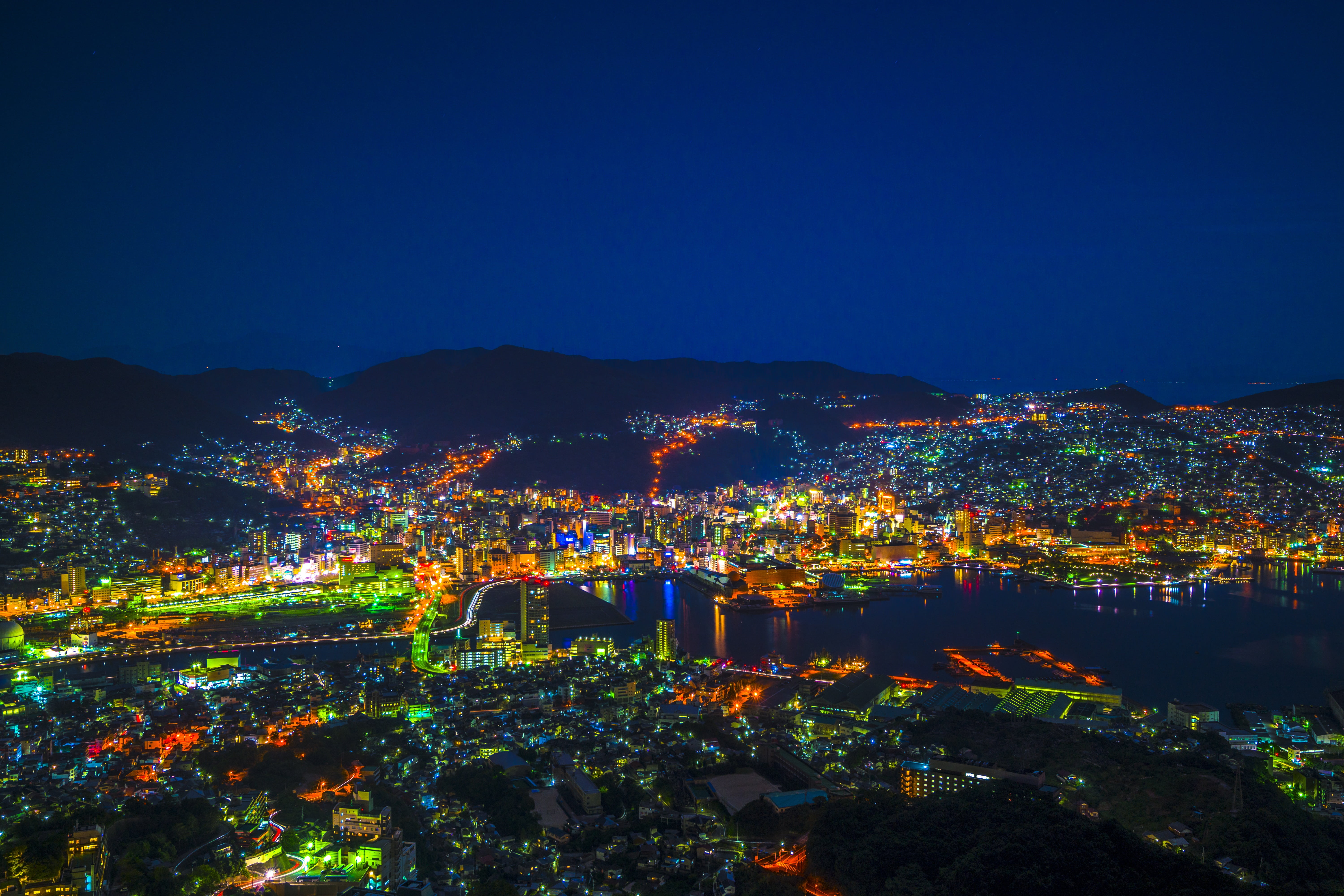 light, japan, nature, night, architecture, nightlife, angle, plant, photography, nagasaki bay, tree, outdoors, built structure, 5K, cityscape, sky, no people, HD Wallpaper