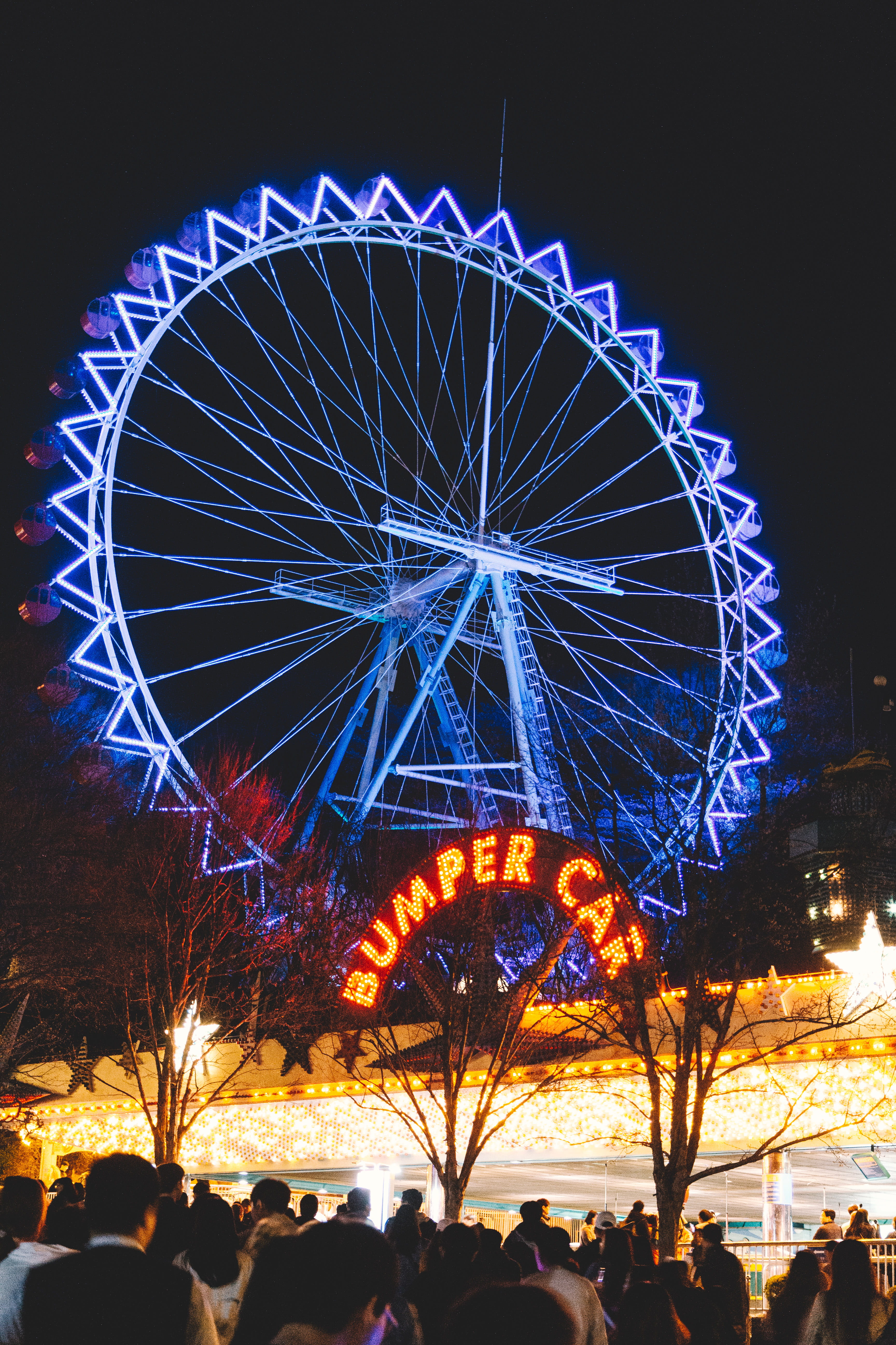 city, night, machine, tree, amusement park ride, urban, 5K, fairground, ferris wheel, spoke, shape, purple, glowing, sky, aloe, town, lighting equipment, Phone HD Wallpaper