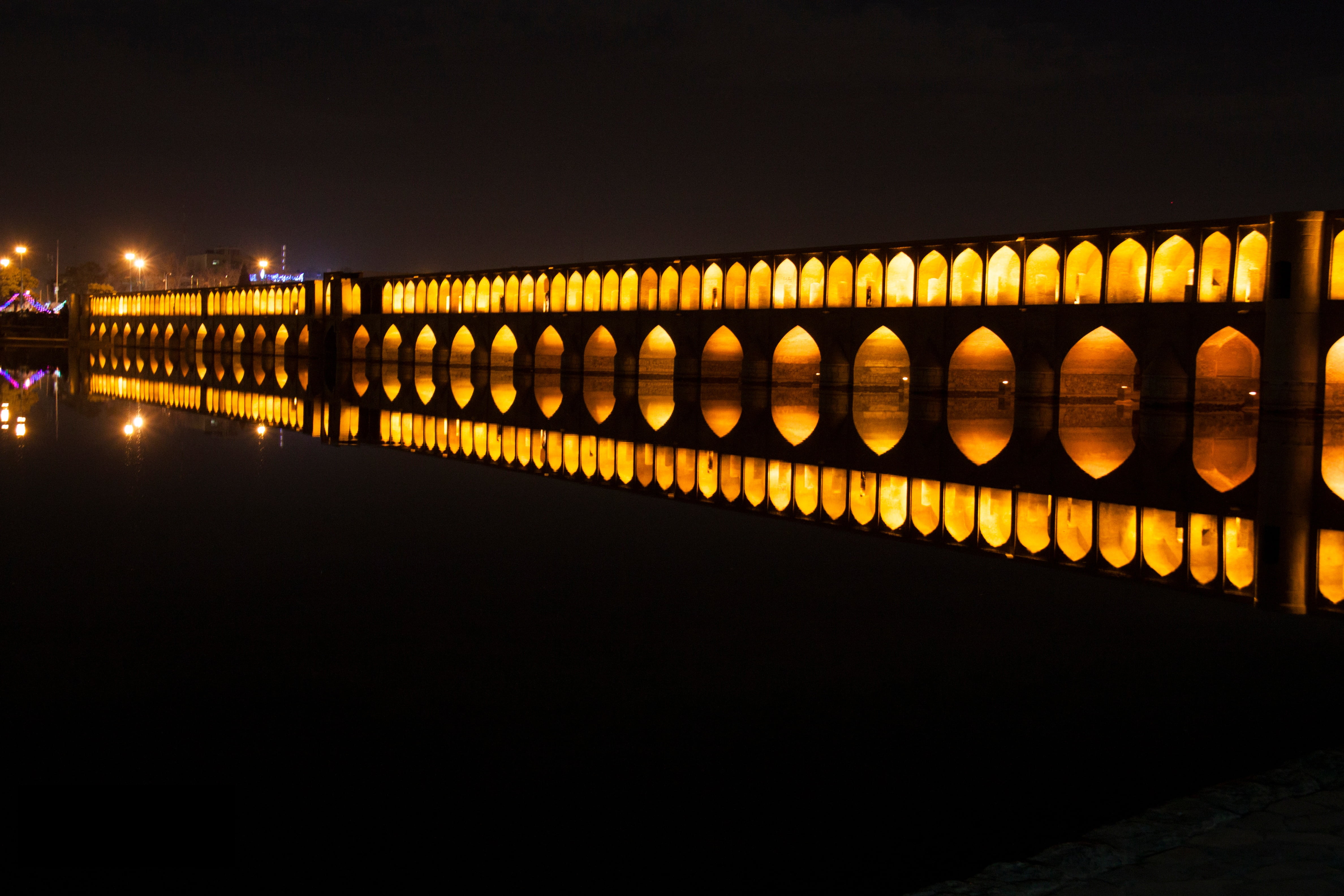 illuminated, water, outdoors, night, 4K, copy space, infrastructure, transportation, no people, landmark, travel destinations, nature, lighted, lights, HD Wallpaper
