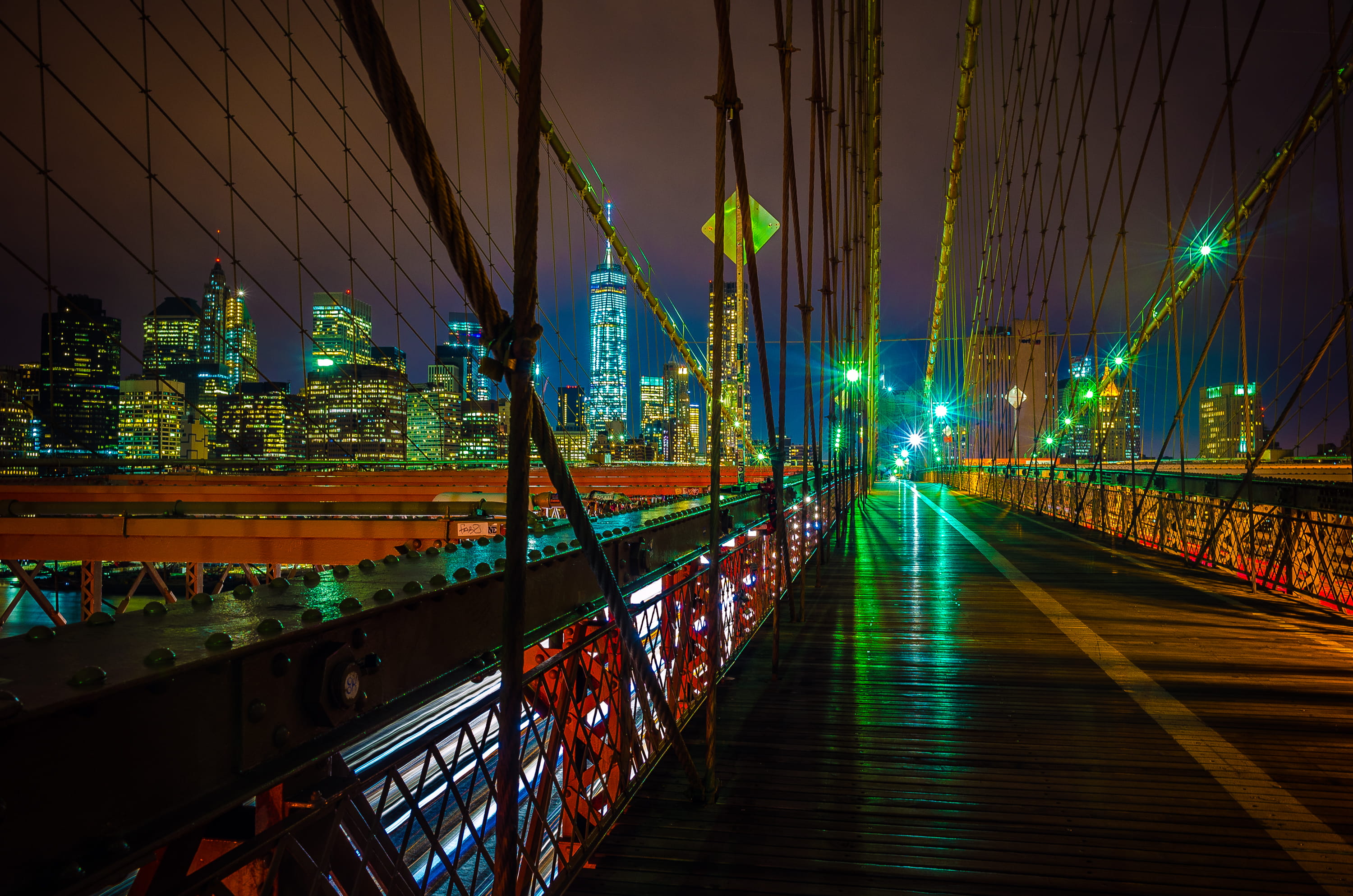 sky, bridge - man made structure, glowing, architecture, modern, united states, nightime, city, reflection, skyeline, lighting equipment, night sky, 2K, HD Wallpaper