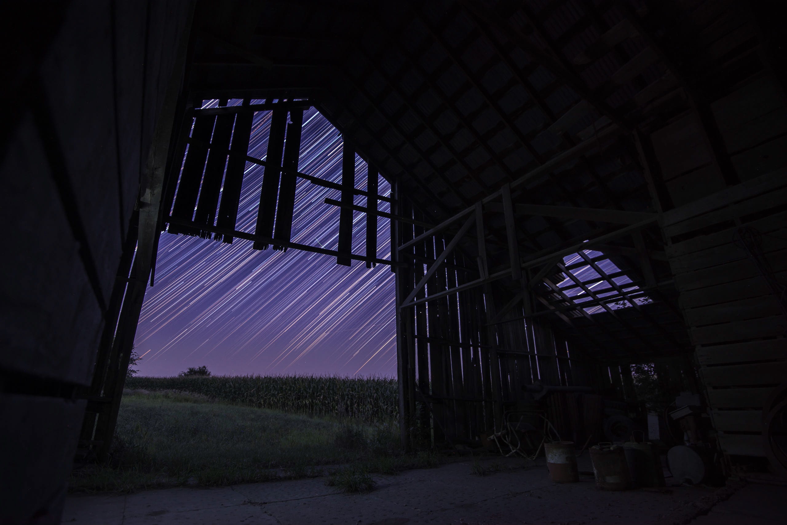 evening, barn, wooden, run-down, metal, 2K, damaged, nightime, star, indoors, day, ceiling, sky, long, window, field, built structure, no people, low angle view, HD Wallpaper