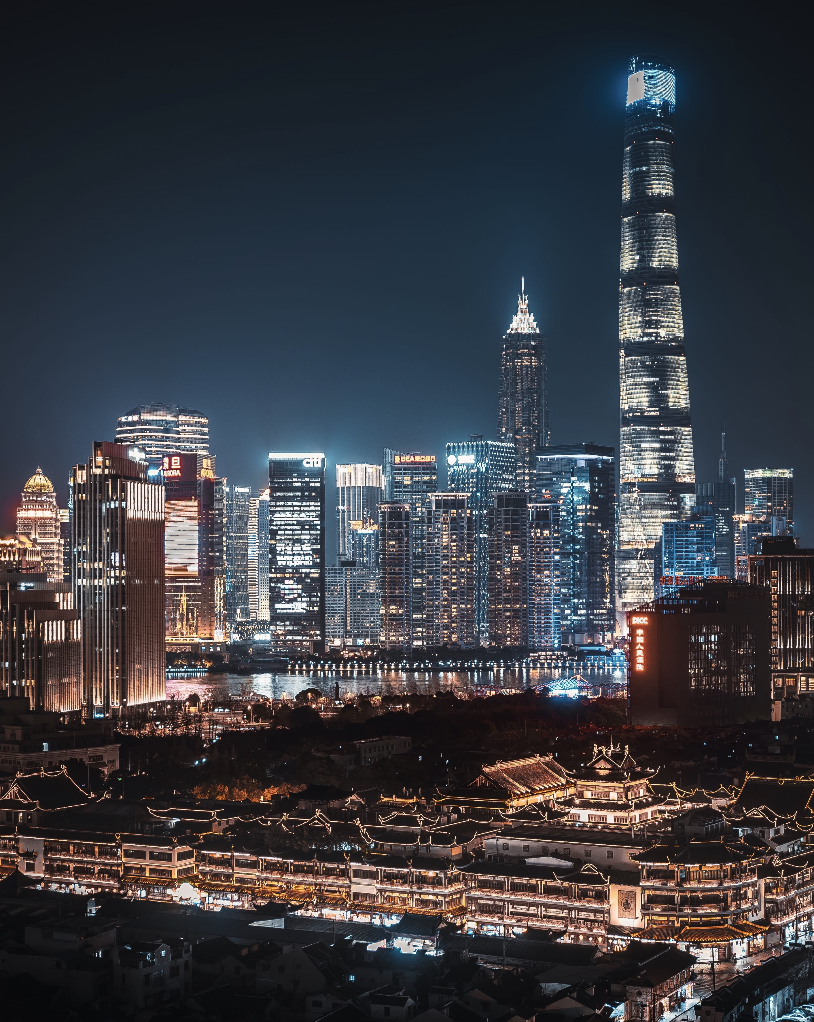 tall - high, illuminated, 2K, financial district, shanghai, skyline, downtown, landscape, photography, metropolis, built structure, citylight, building, Phone HD Wallpaper