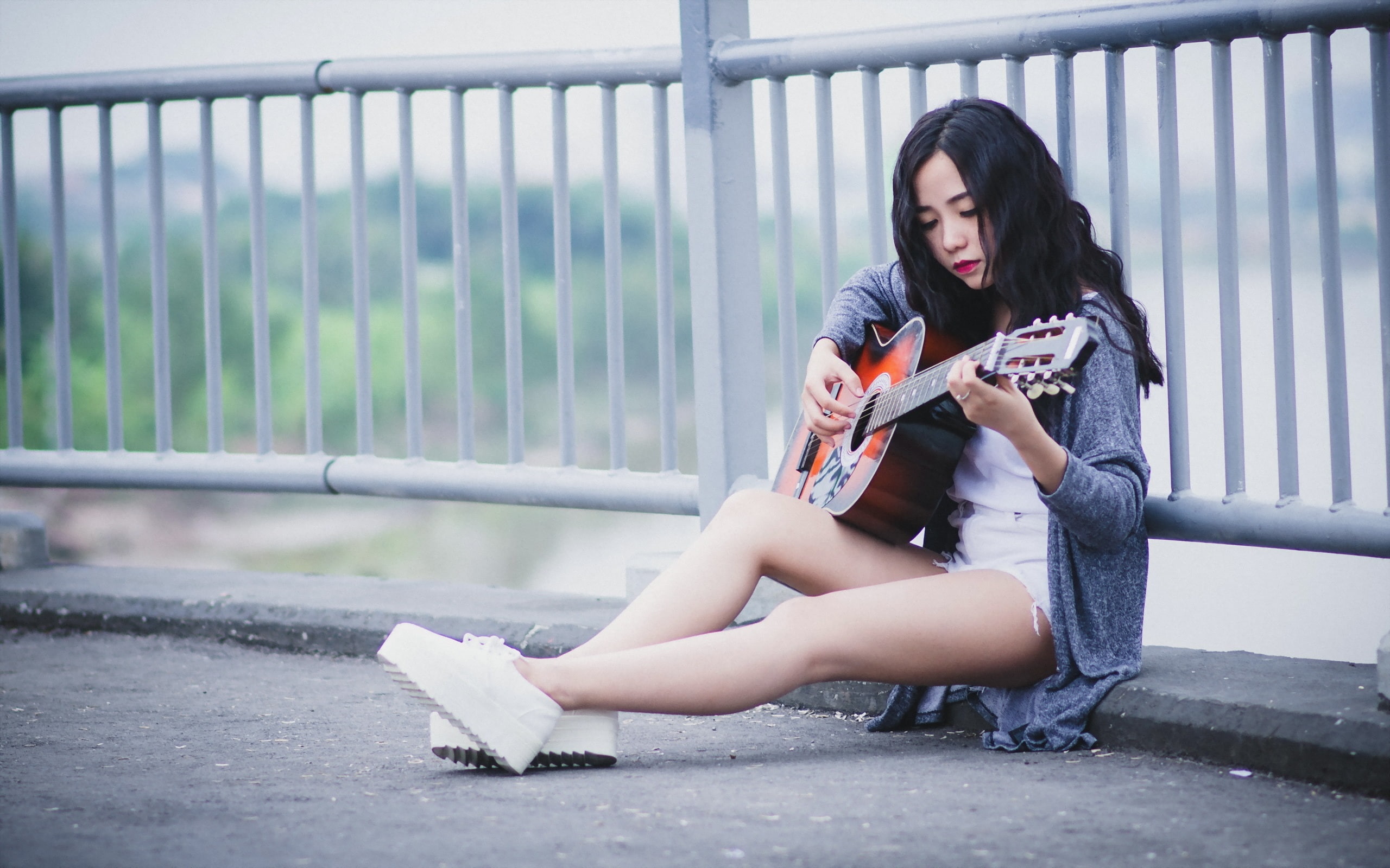 Hair, Black, Roadside, Guitar, 2K, Girl, Music, HD Wallpaper