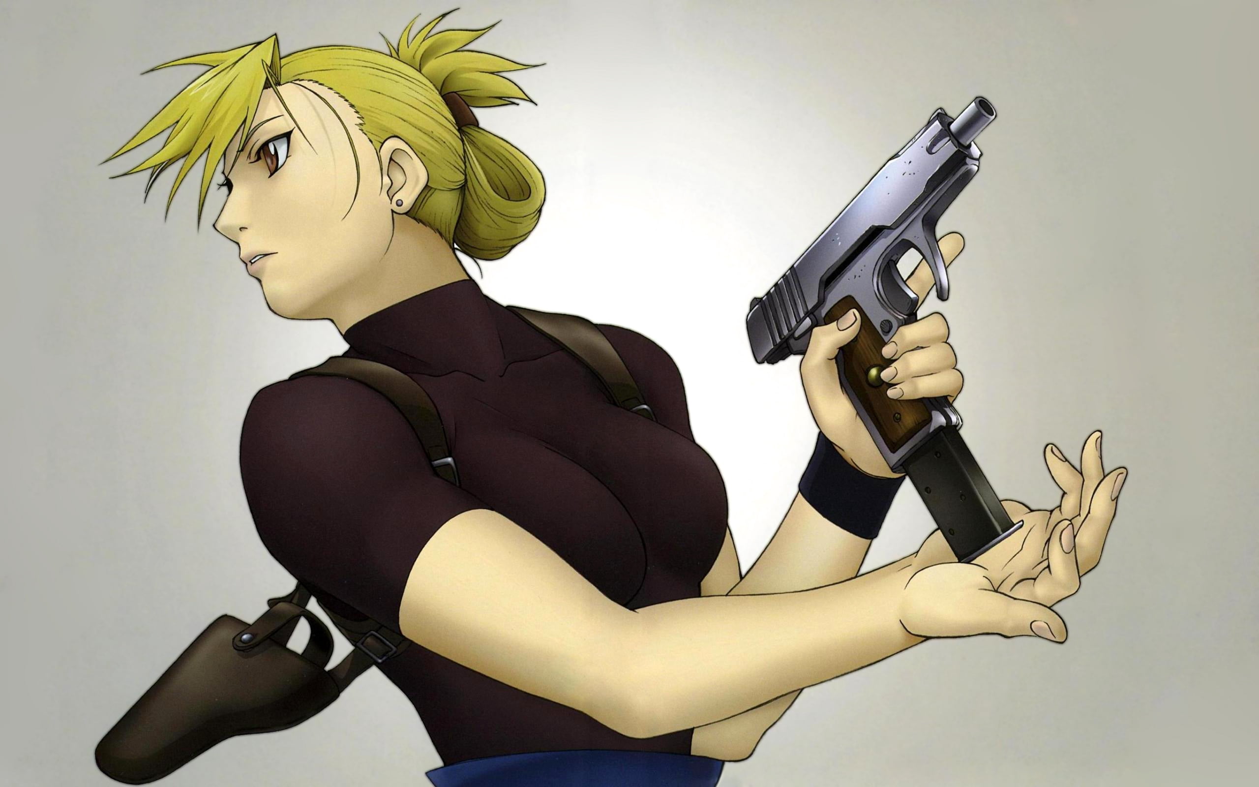blonde, pose, ready, beautiful woman, riza, hairstyle, beauty, power, hawkeye, police Force, danger, crime, communication, backgrounds, social issues, war, HD Wallpaper