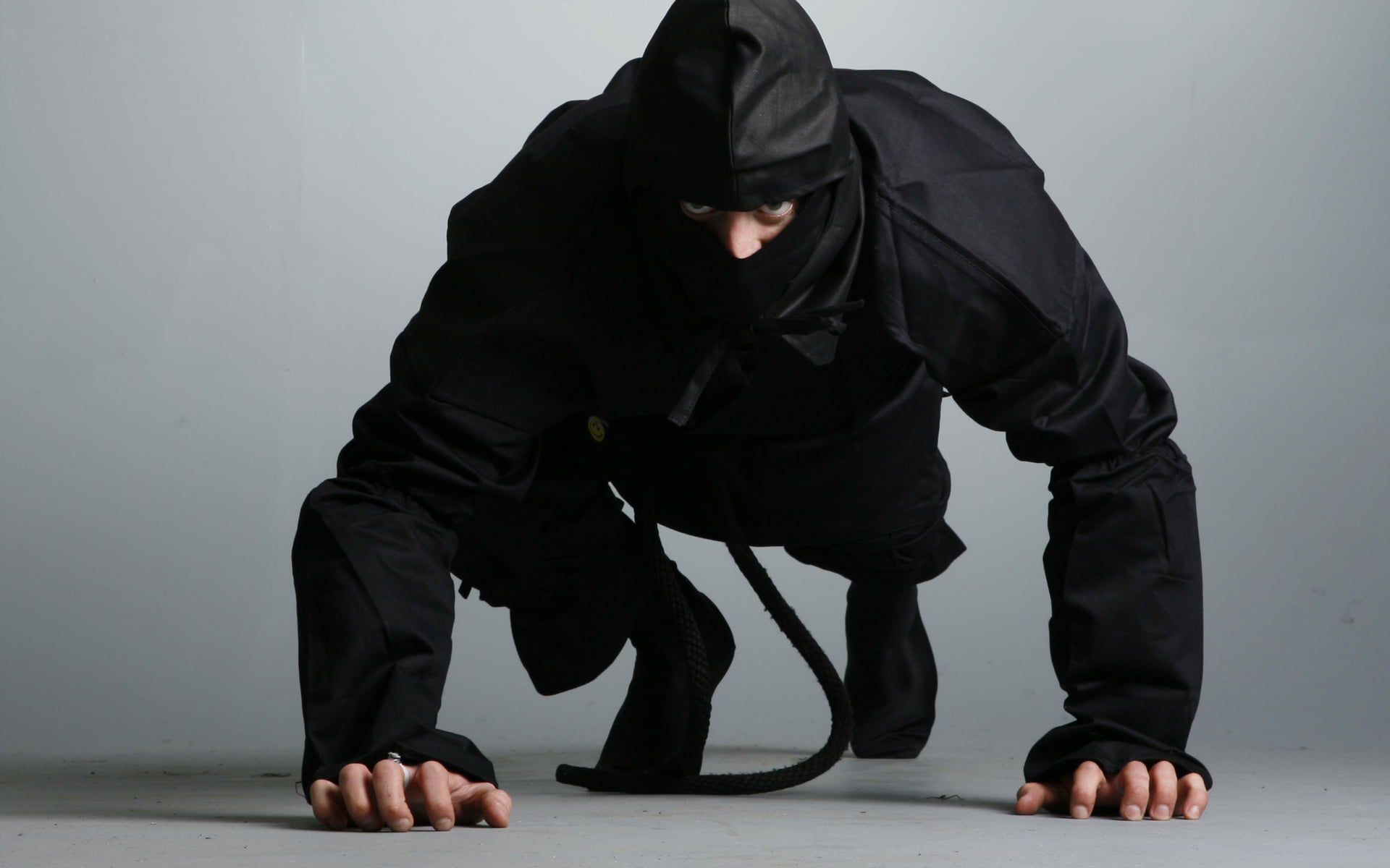 protection, black suit, burglar, clothing, front view, wall - building feature, evil, criminal, gray, standing, crouching, obscured face, men, black, combat Sport, HD Wallpaper