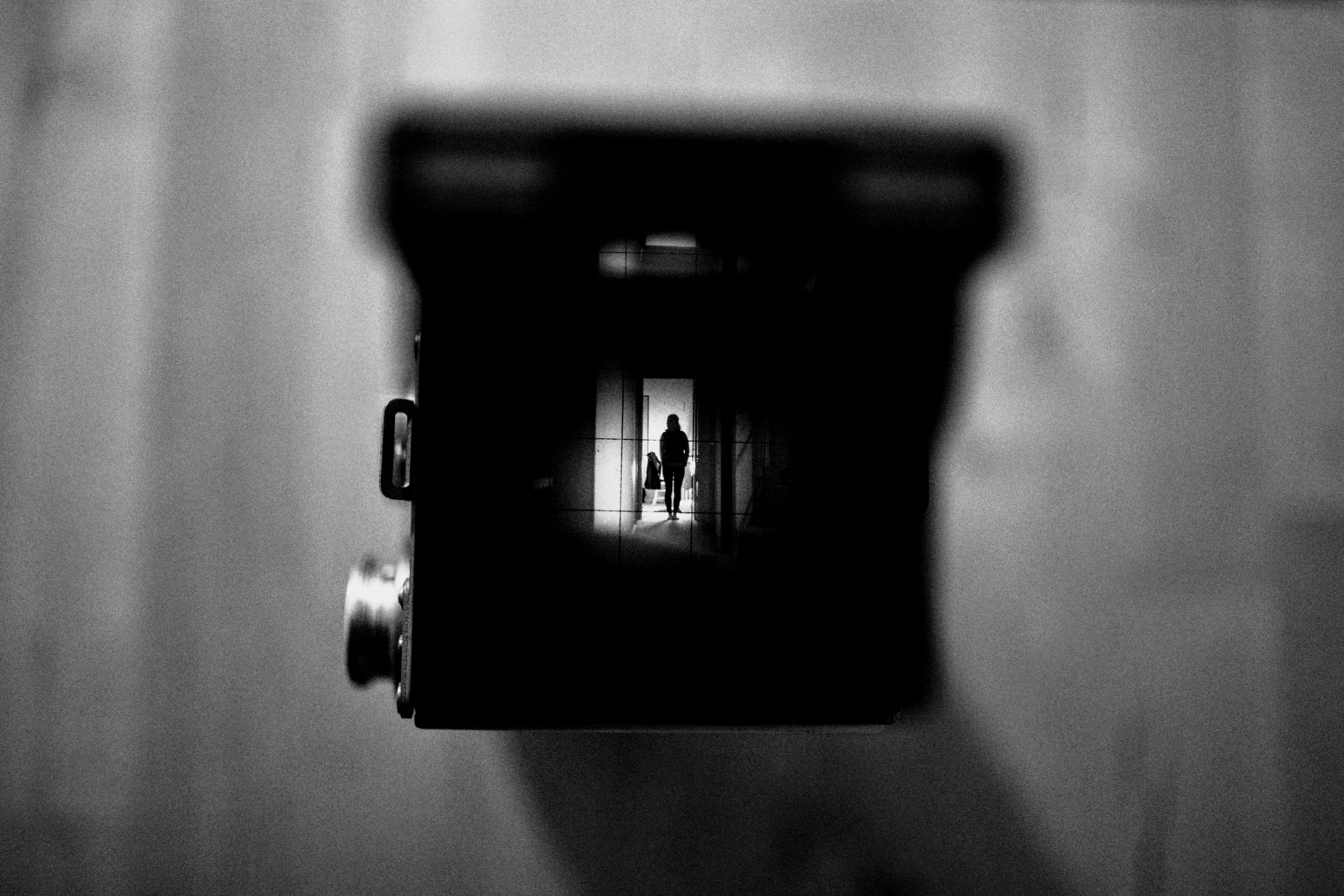 Bed, prison, entrance, camera, mirror, focus on foreground, knob, black and white, indoors, bathroom, door, burglary, walking, untitled, close-up, faucet, HD Wallpaper