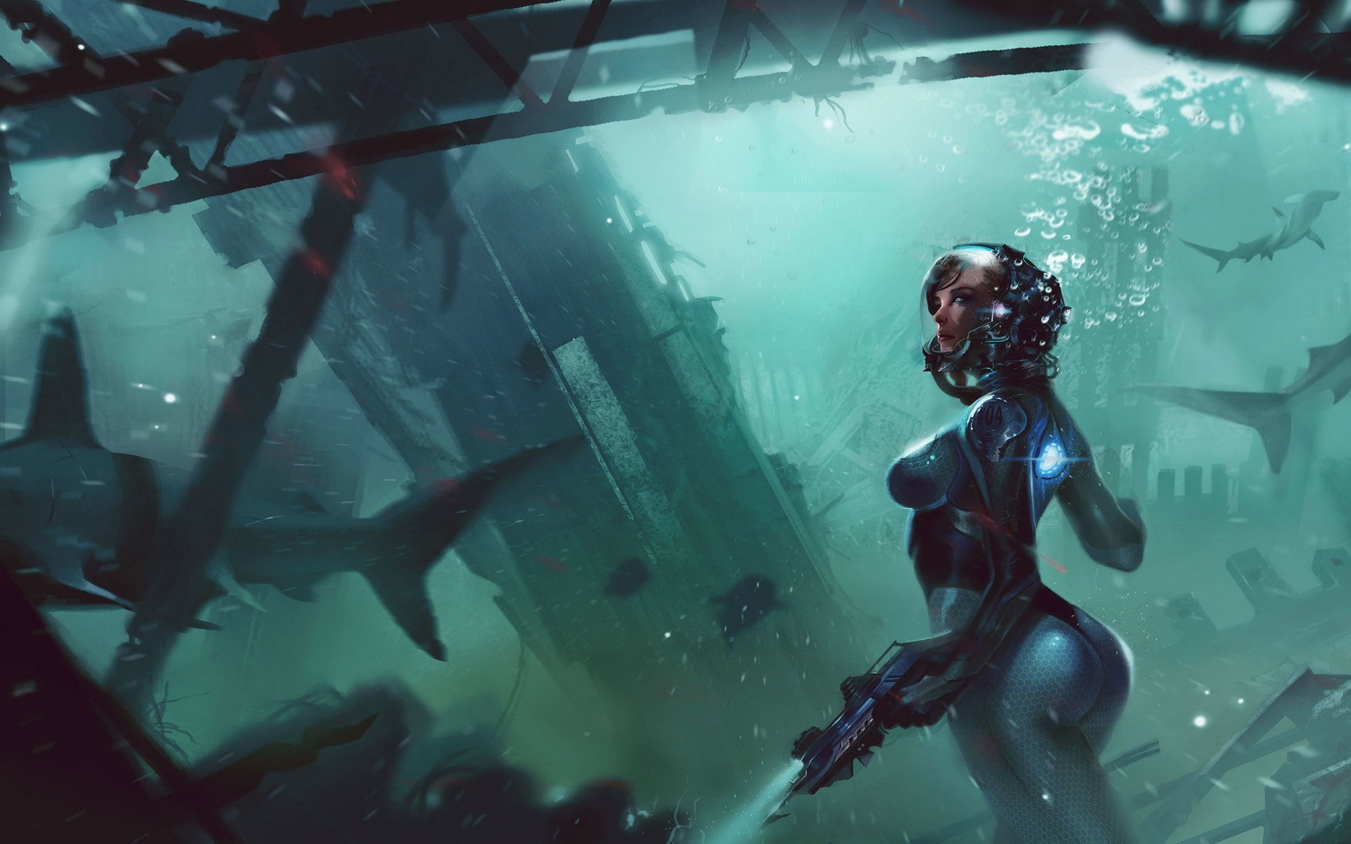 digital art, shark, diving suits, underwater, futuristic, artwork, science fiction, 1080P, exploration, HD Wallpaper