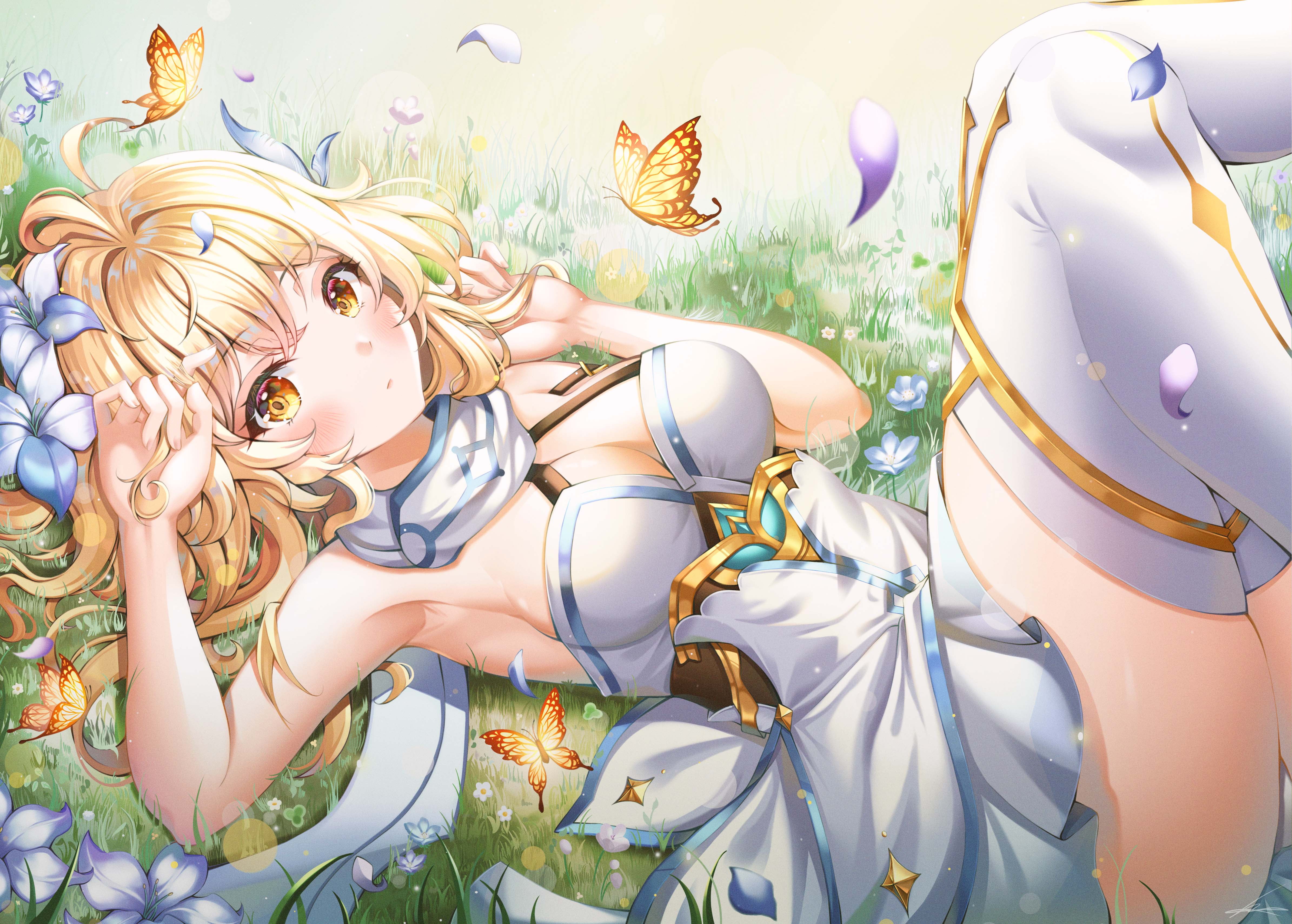 anime girls, Lumine (Genshin Impact), stockings, 4K, Genshin Impact, blonde, HD Wallpaper