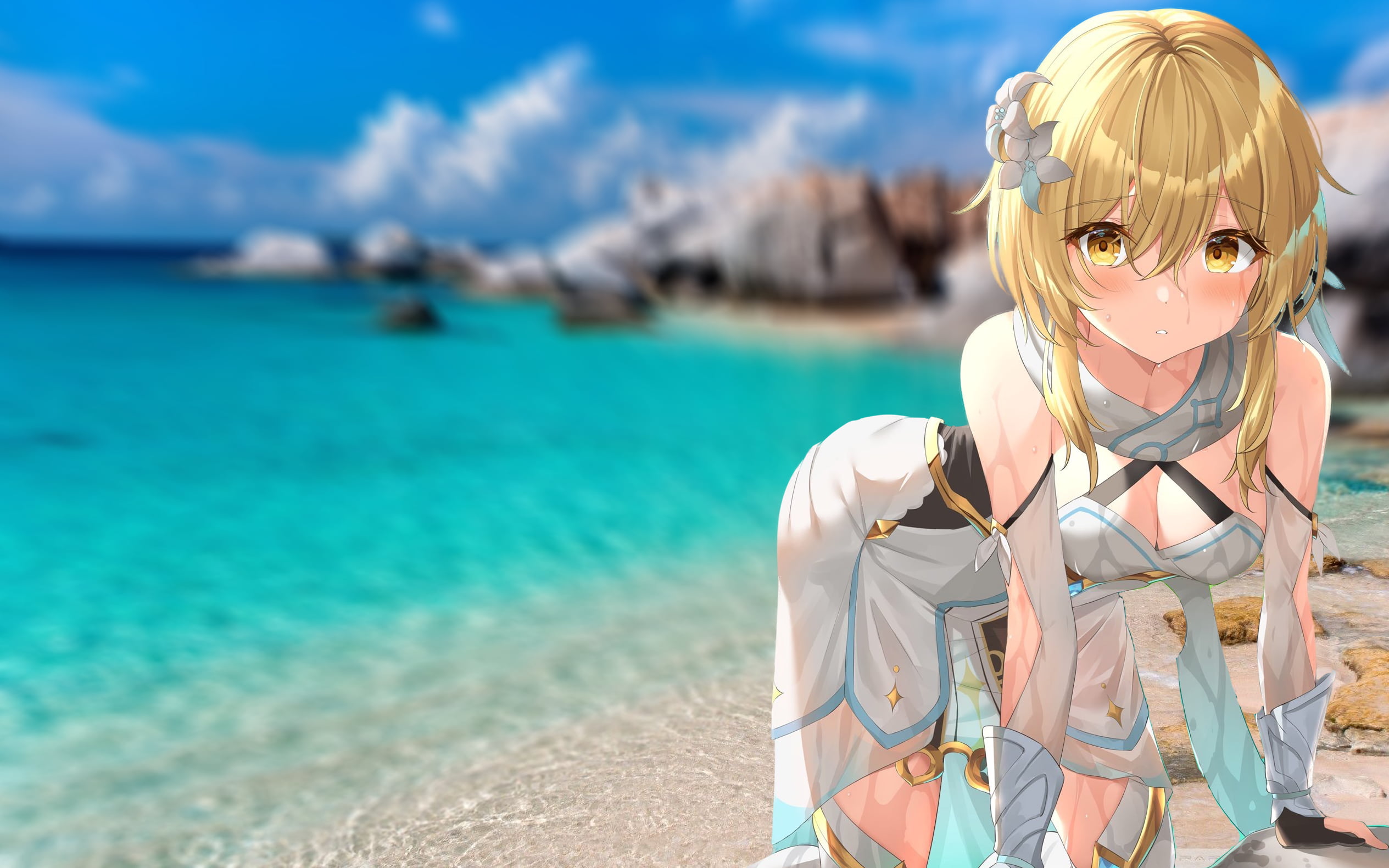 Lumine (Genshin Impact), school uniform, 1080P, Beach Sweetheart, anime, wet clothing, HD Wallpaper
