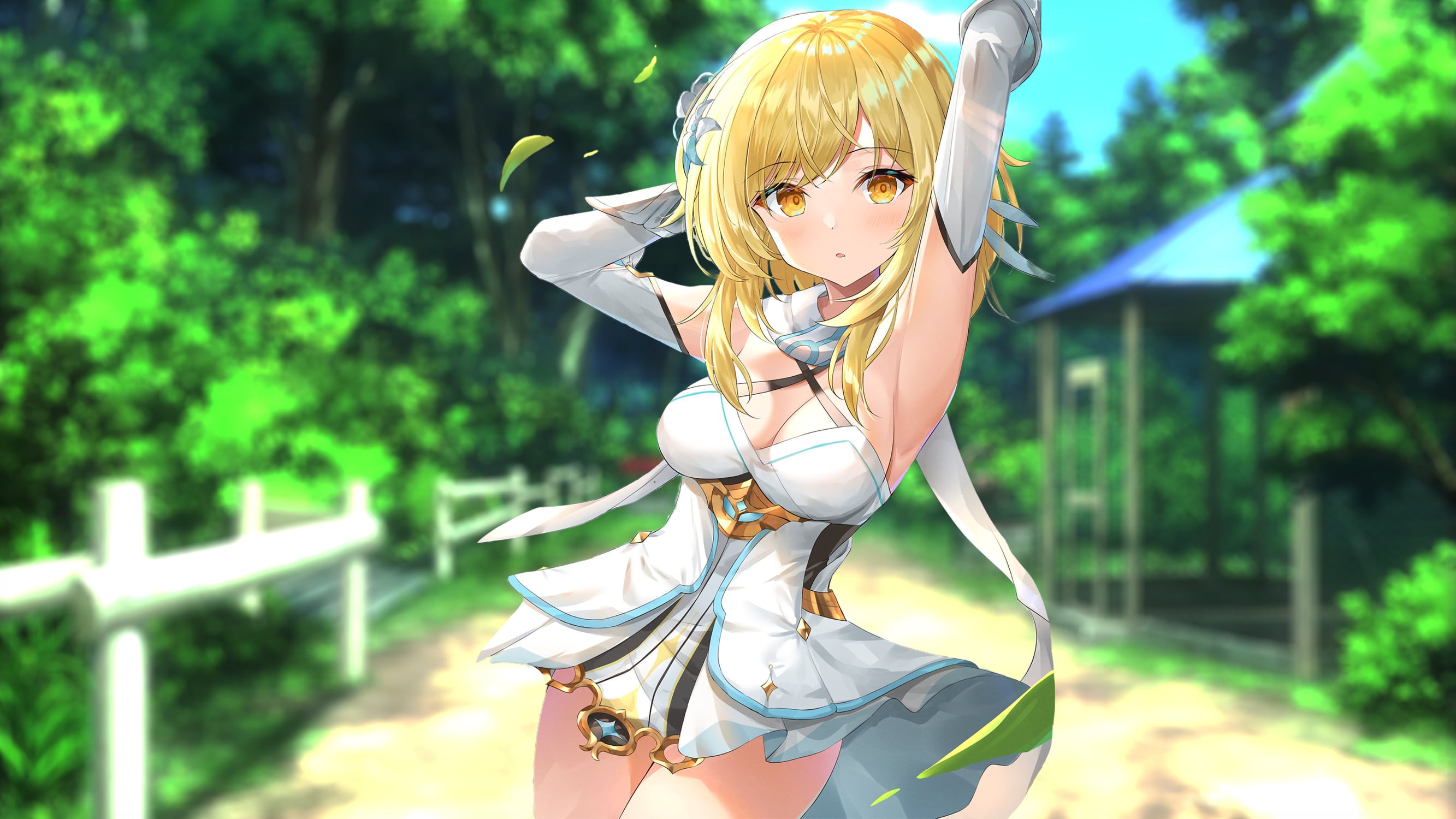 Beach Sweetheart, wet clothing, 2K, anime, Lumine (Genshin Impact), school uniform, HD Wallpaper