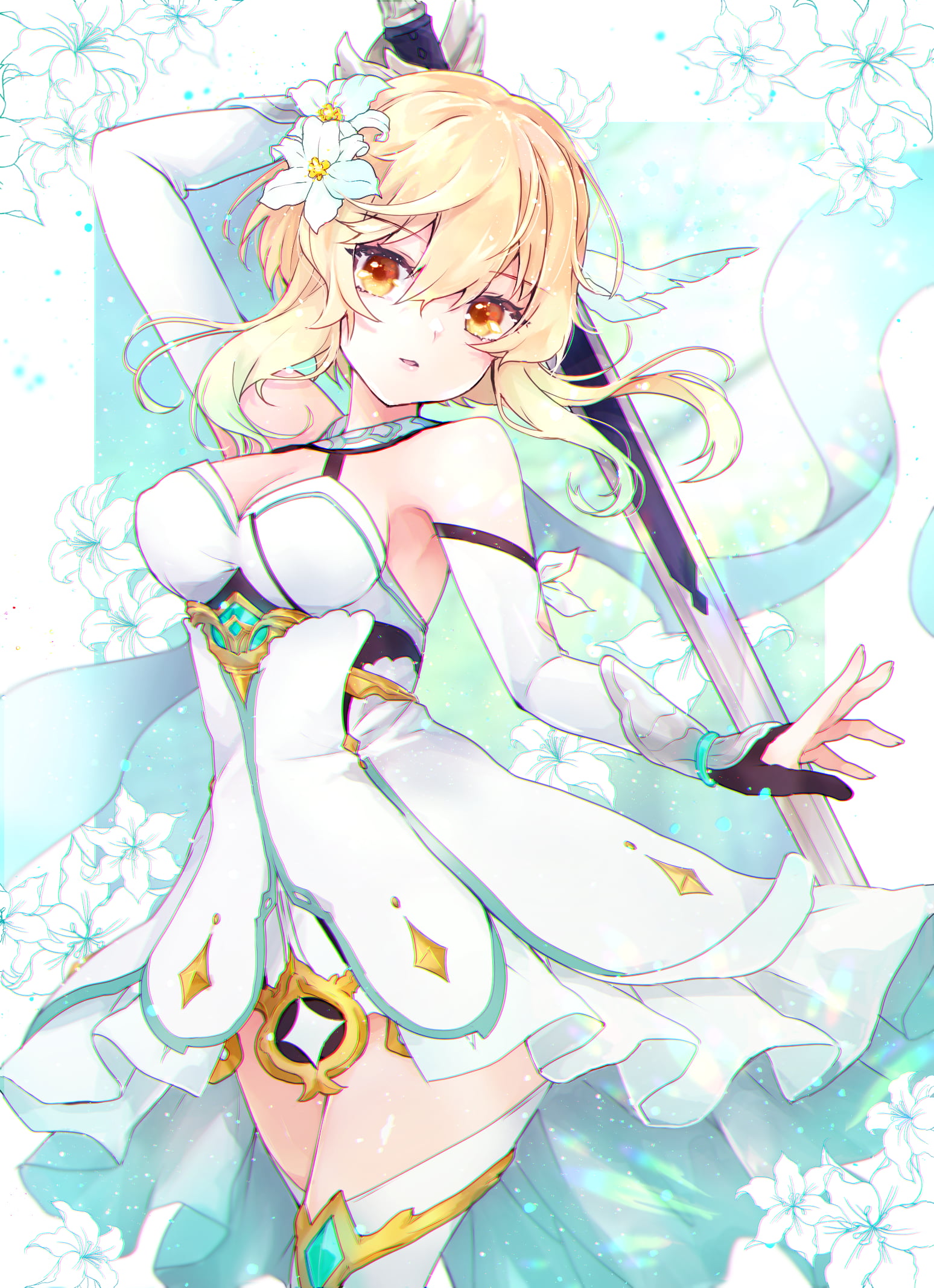 Lumine (Genshin Impact), thigh high boots, Genshin Impact, 1080P, dress, anime girls, Shichijou Natori, Phone HD Wallpaper