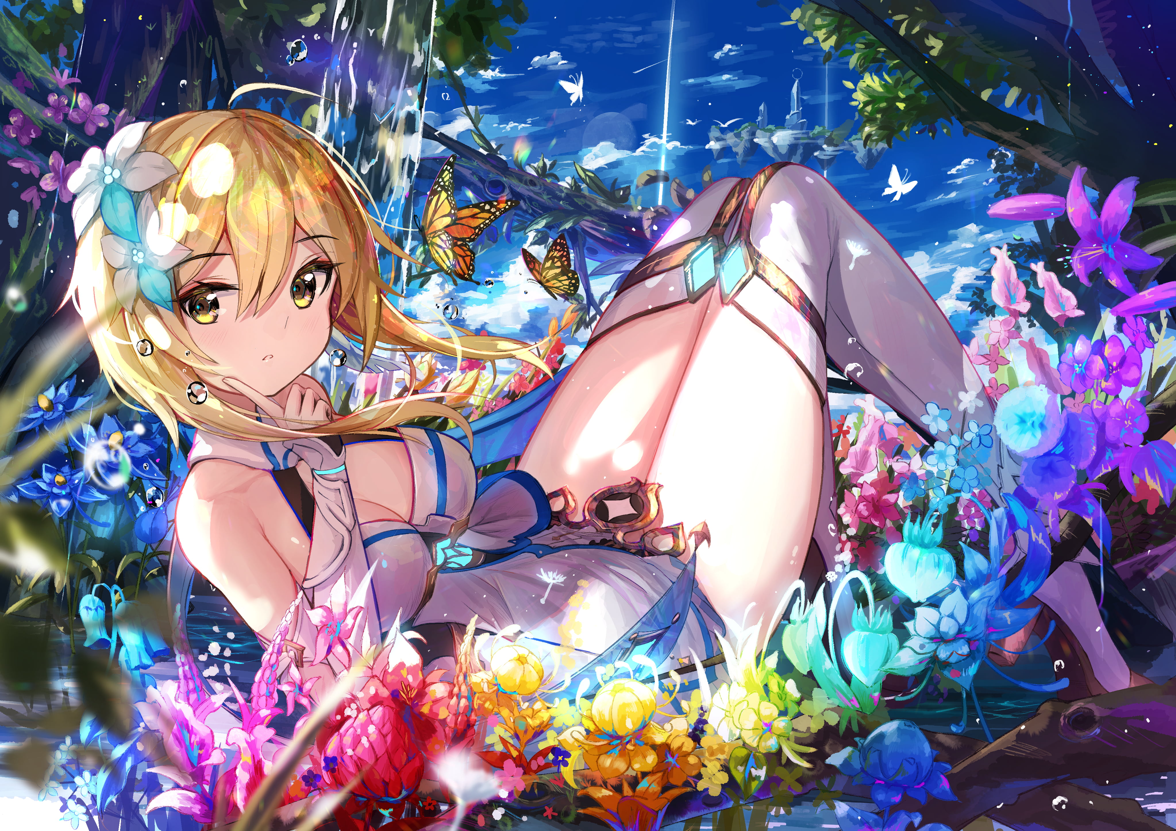 lying on back, legs, anime girls, 4K, blonde, Genshin Impact, colorful, anime, Lumine (Genshin Impact), HD Wallpaper