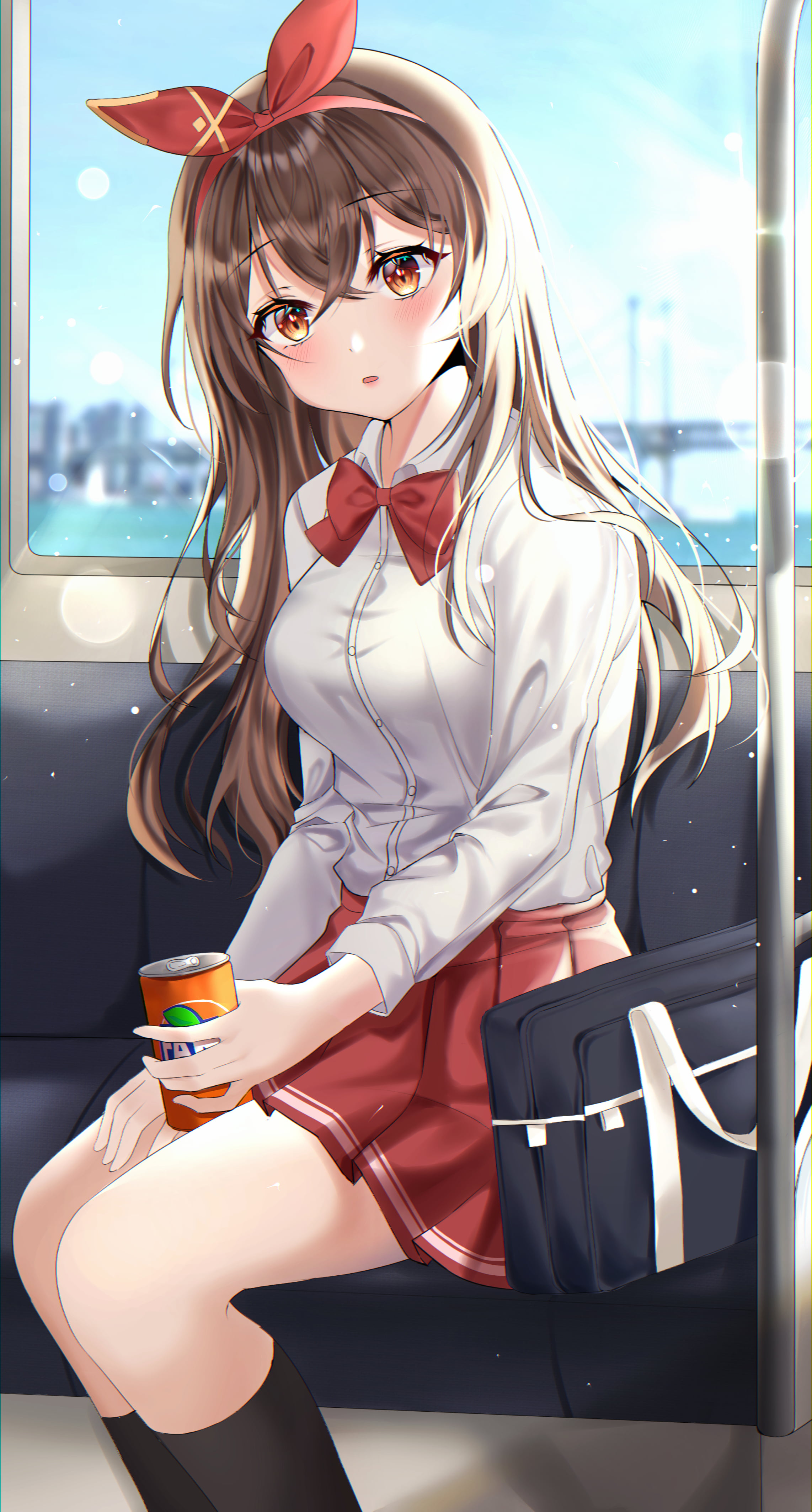 Genshin Impact, soda, anime, Fanta, sitting, Amber (Genshin Impact), school uniform, anime girls, 4K, vertical, Phone HD Wallpaper