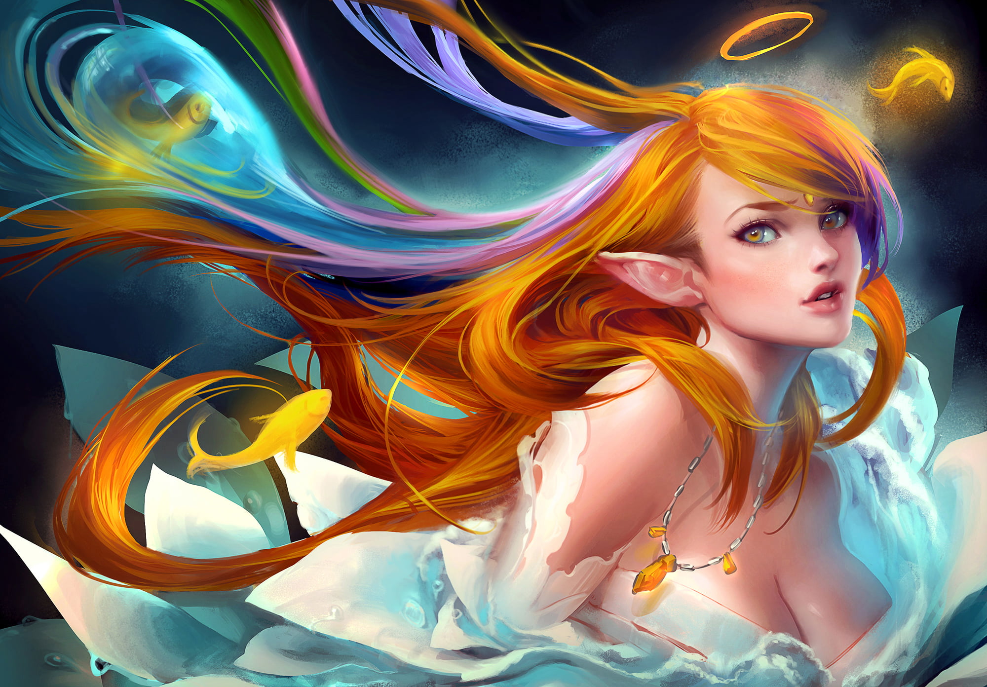 women, girl, studio shot, woman, flowing, young women, 1080P, multi colored, fish, beauty, hairstyle, beautiful woman, dyed hair, redhead, art, orange, HD Wallpaper
