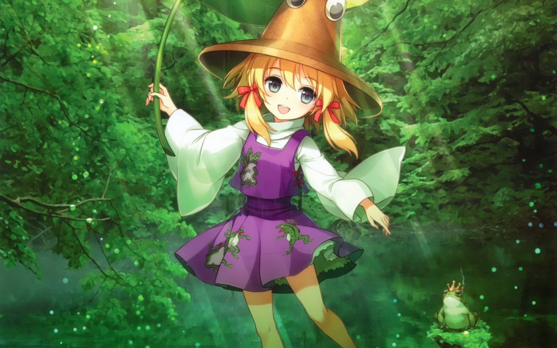 sunlight, mouth, video, frogs, wide, dress, clothes, 1080P, water, reflections, girls, eyes, nature, skirts, moriya, trees, touhou, hair, twintails, japanese, HD Wallpaper